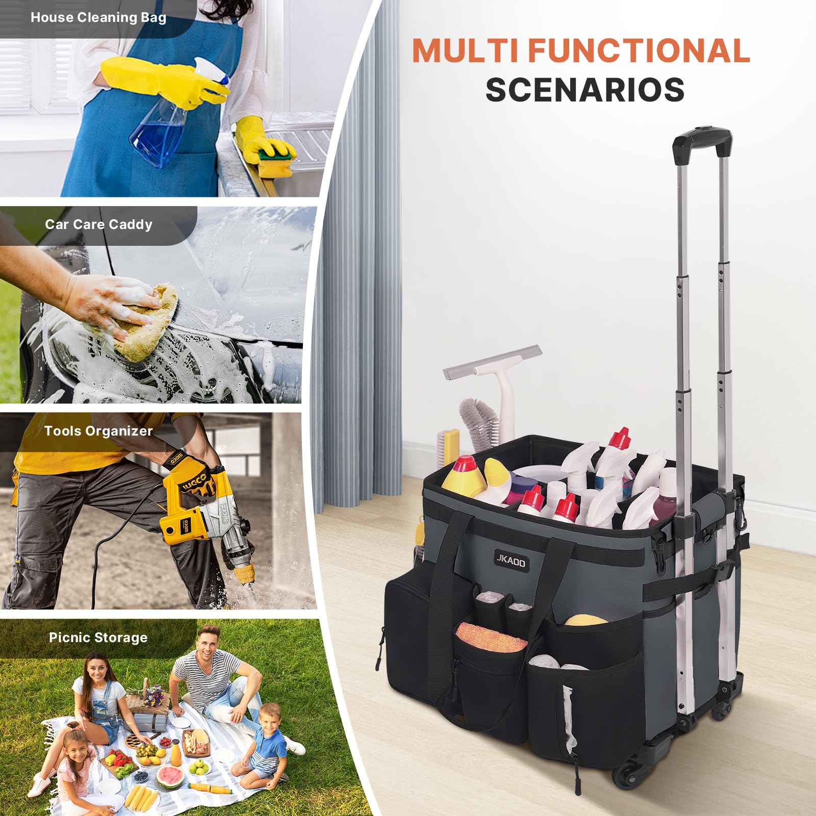 Large Rolling Cleaning Caddy Bag with Detachable Trolley