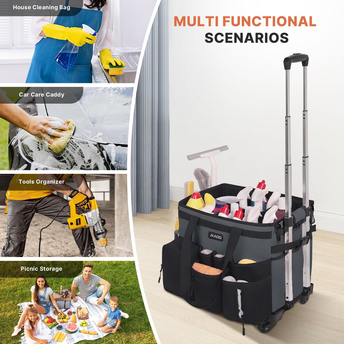 Large Rolling Cleaning Caddy Bag with Detachable Trolley