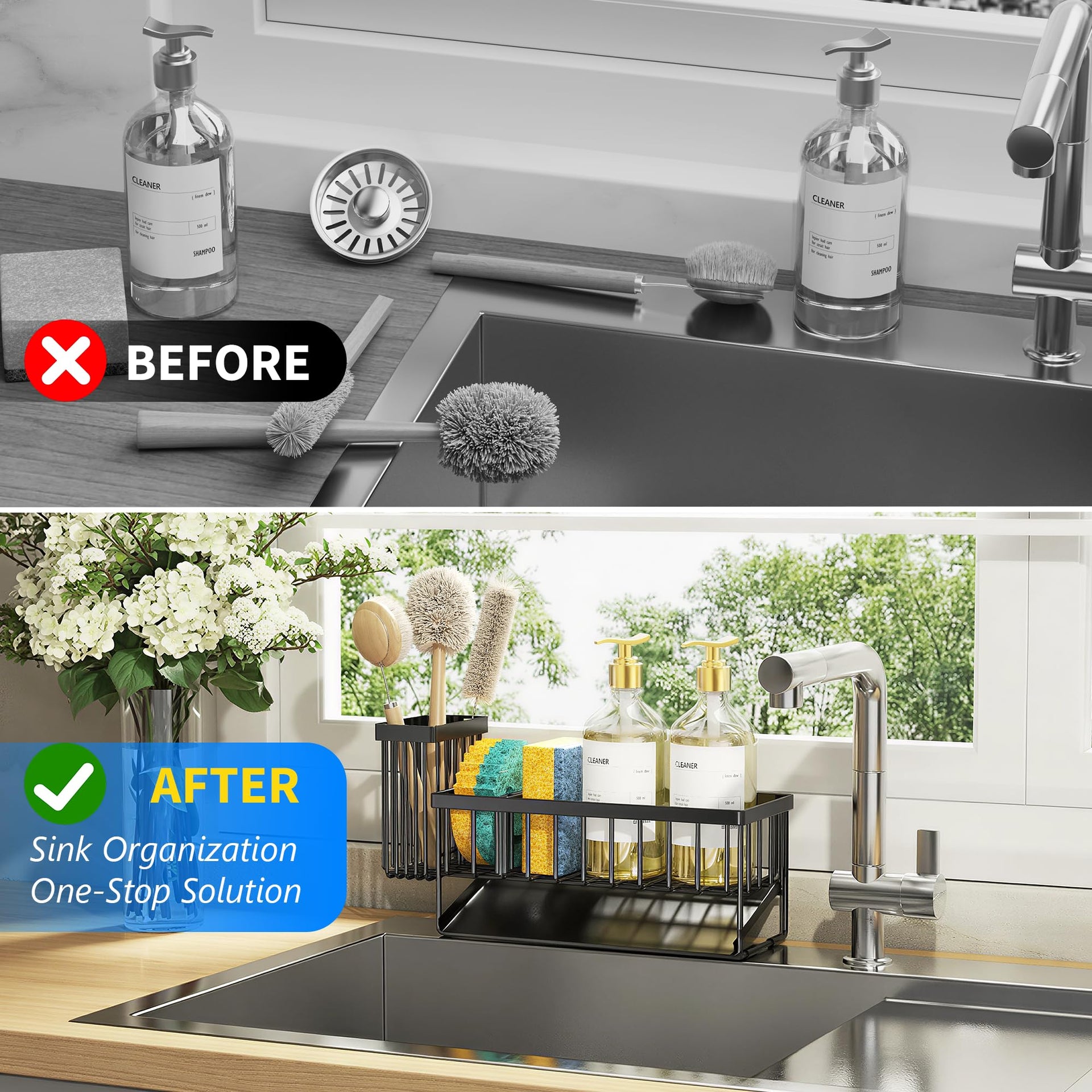 Sink Caddy Sponge Holder for Kitchen with Brush Holder and Stainless Steel Self Drain Tray