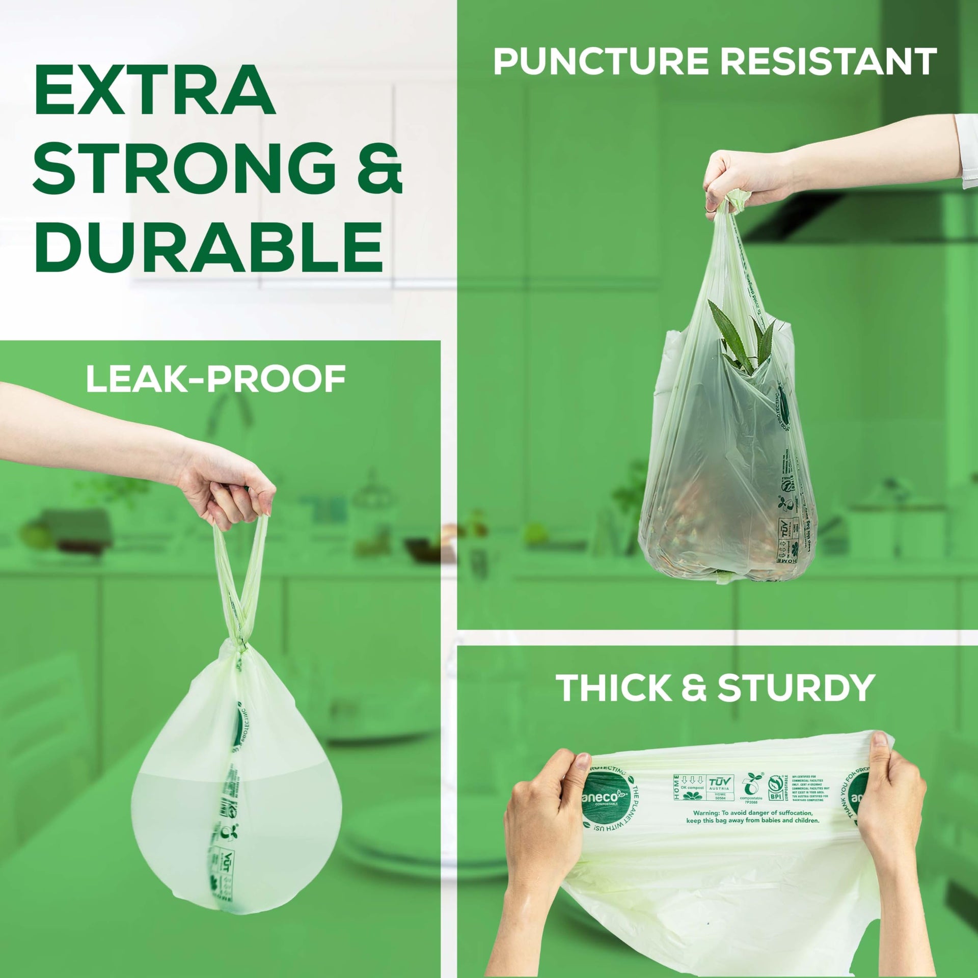 Compostable Food Waste Bags 3 Gallon With Handles (30 Count)