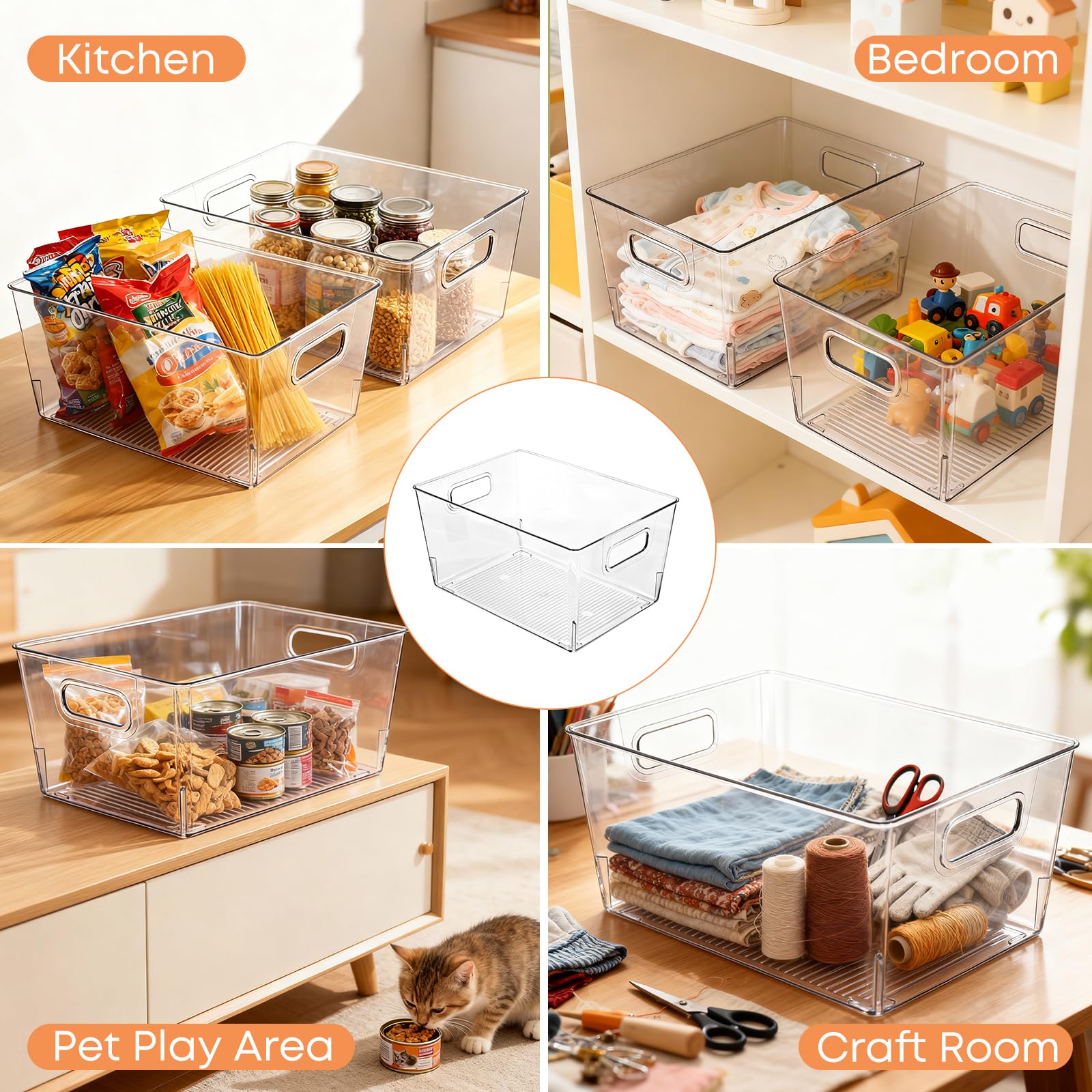 8 Pack Clear Plastic Storage Bins 12x8x6in Pantry Organizer