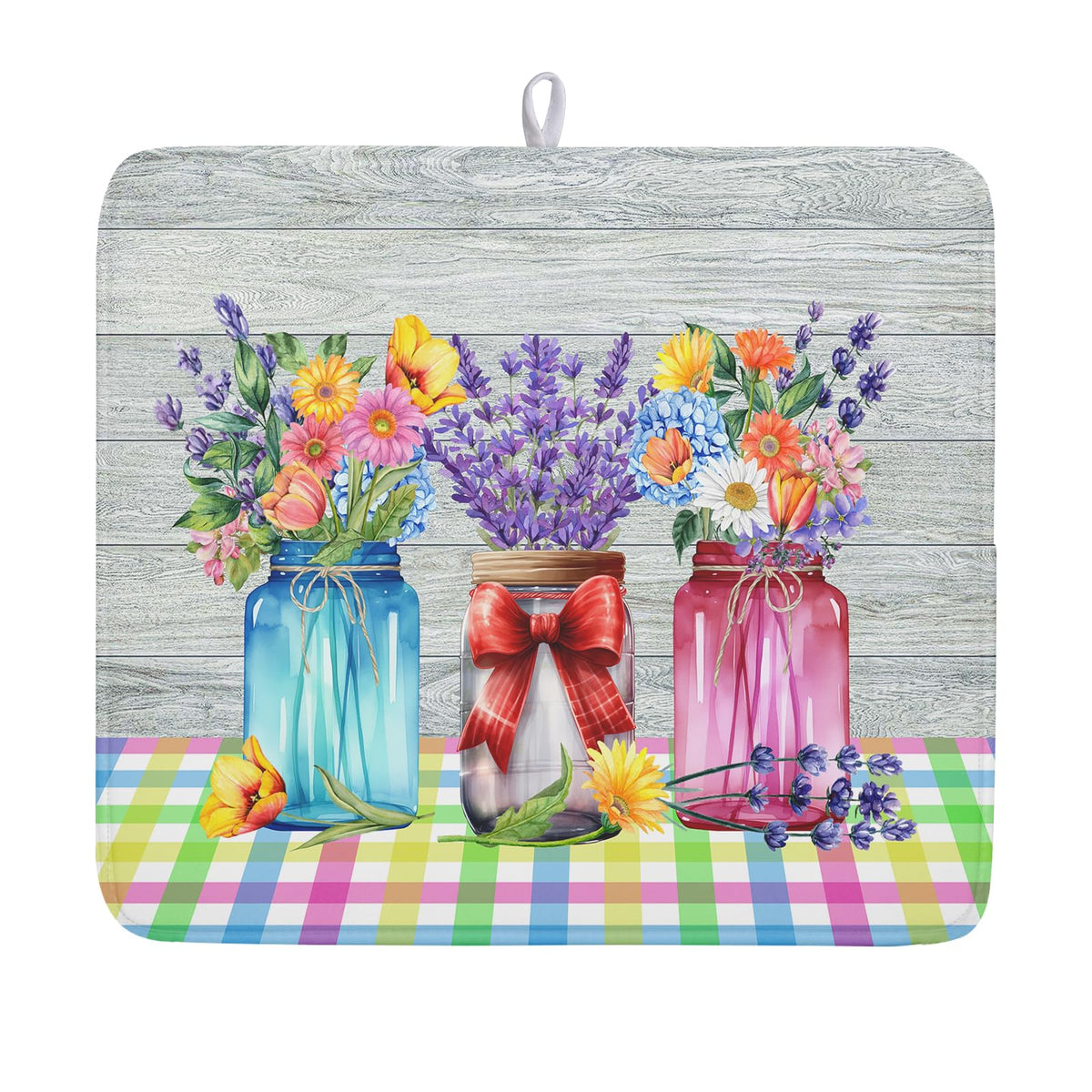Spring Summer Flowers Dish Drying Mat for Kitchen Counter 16"x18" Spring Floral Jars Drying Mat Soft Absorbent Microfiber Farmhouse Colorful Floral Dish Drainer Rack Mats for Counter tops