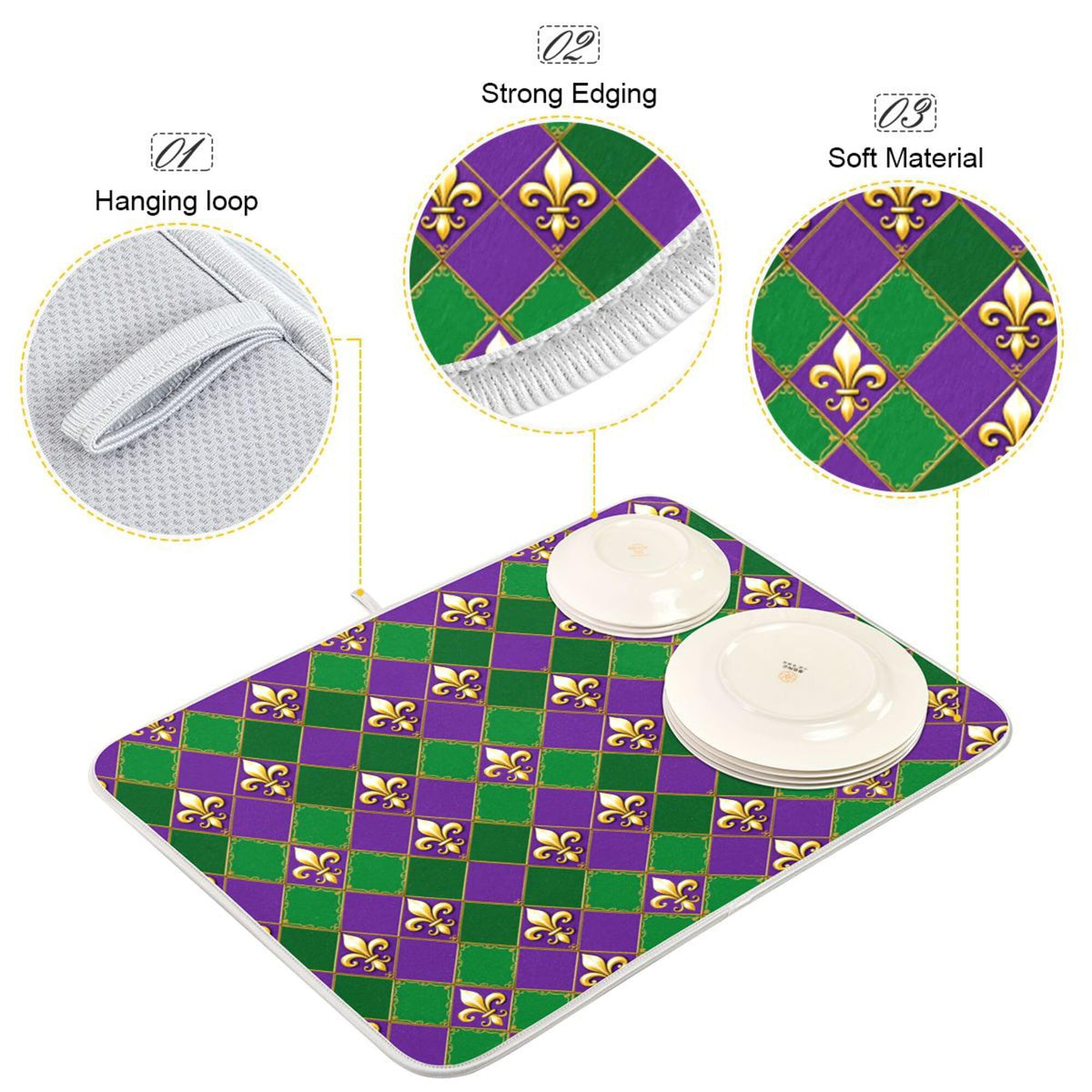 Happy Mardi Gras Purple Green Dish Drying Mat for Kitchen Countertop 16x18 Fleur de Lis Buffalo Plaid Small Drying Mat Reusable Quick Dry Dish Sink Mats Easy Clean Decorative Essentials