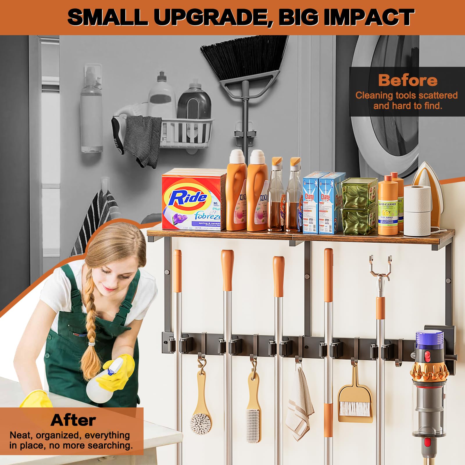 Broom Holder Wall Mount with Cleaning Supplies Organizer