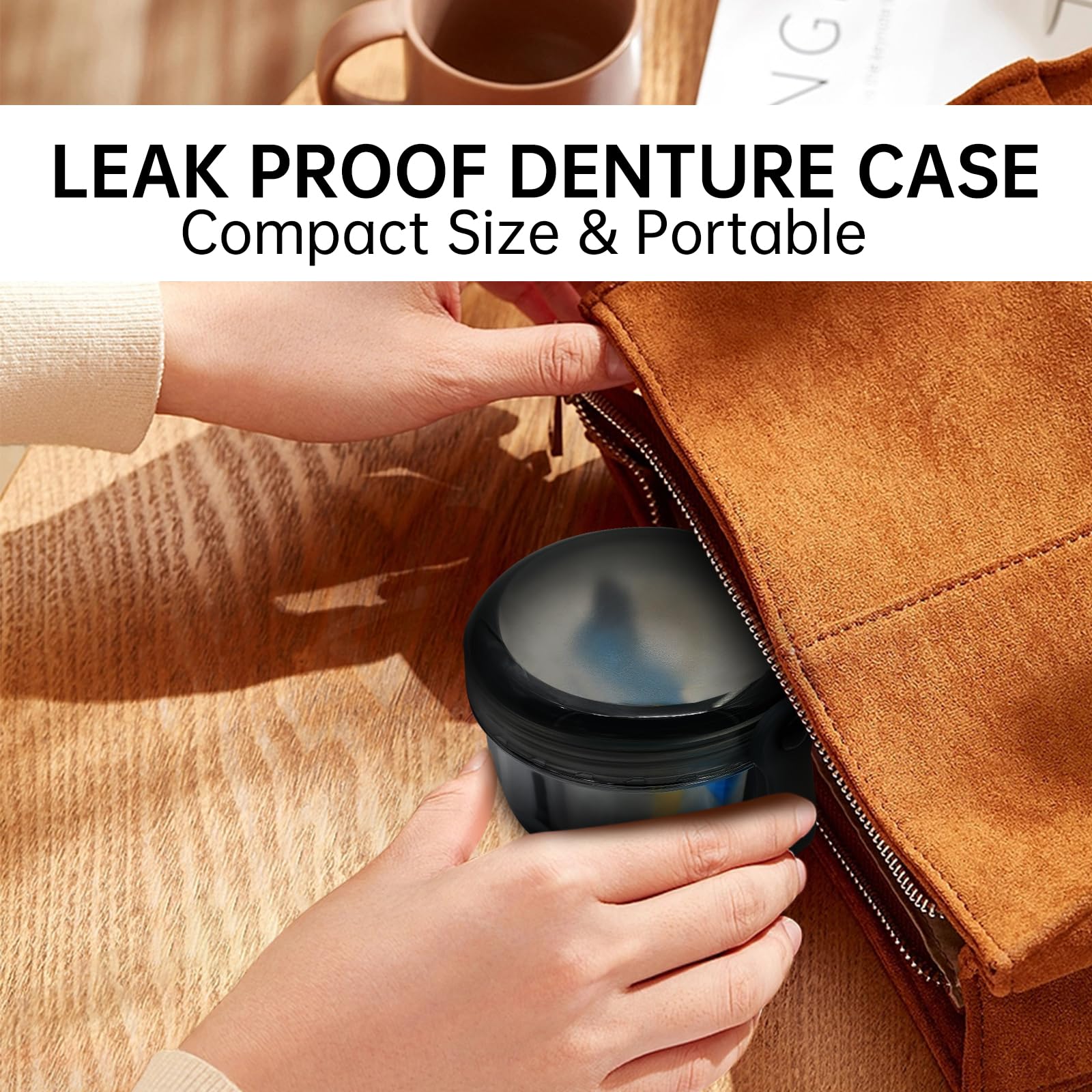 Leak Proof Denture Cups for Soaking Dentures with Strainer Basket and Brush