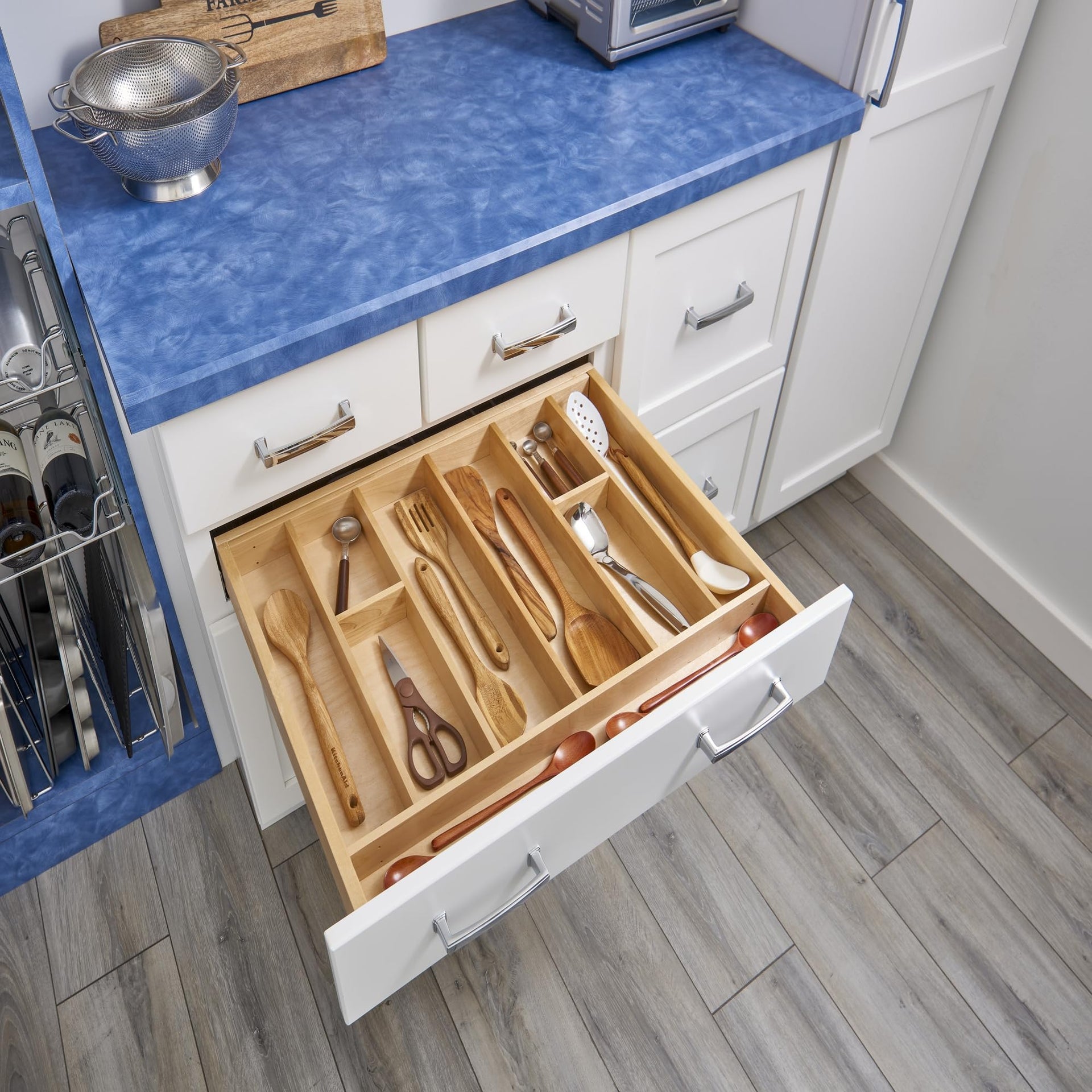 Trim-to-Fit Silverware Drawer Organizer For Kitchen Utensils, Cutlery Cabinet Storage Divider Insert, 33.11 x 21.97 In, Maple Wood, 4WUT-36SH