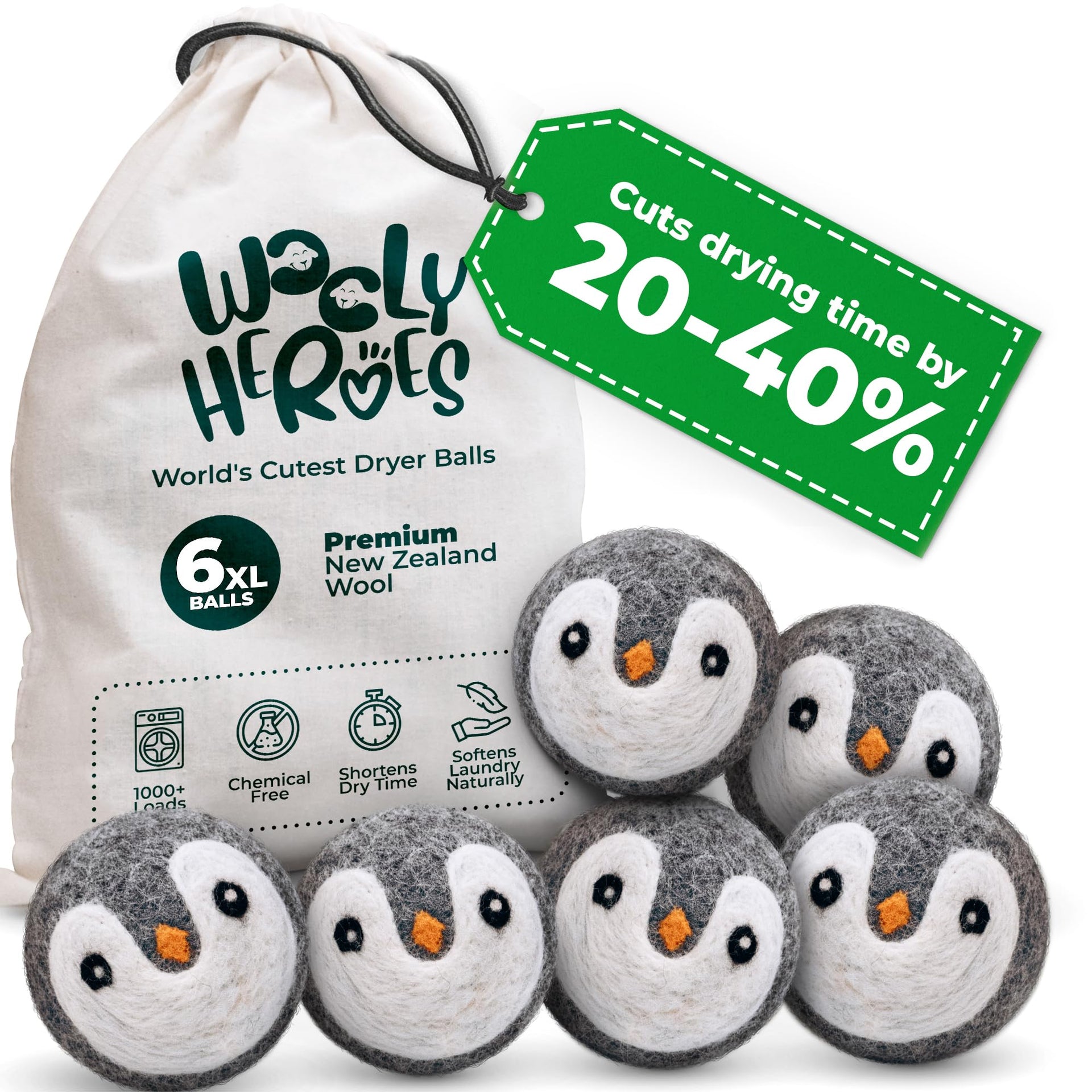 Chemical Free & Baby Safe! Reusable Wool Dryer Balls XL 6 (6 Count)