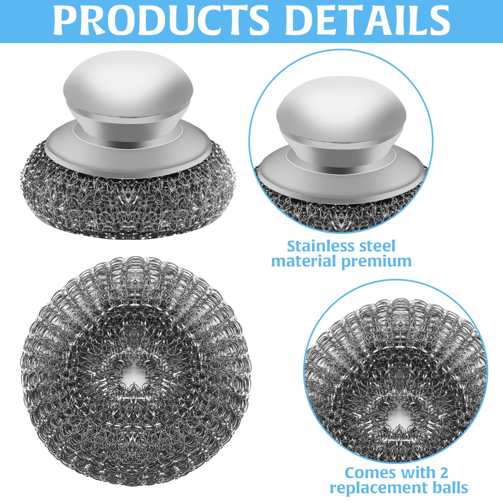 Stainless Steel Wool Scrubber with 2 Replacement Pads (2 Count)