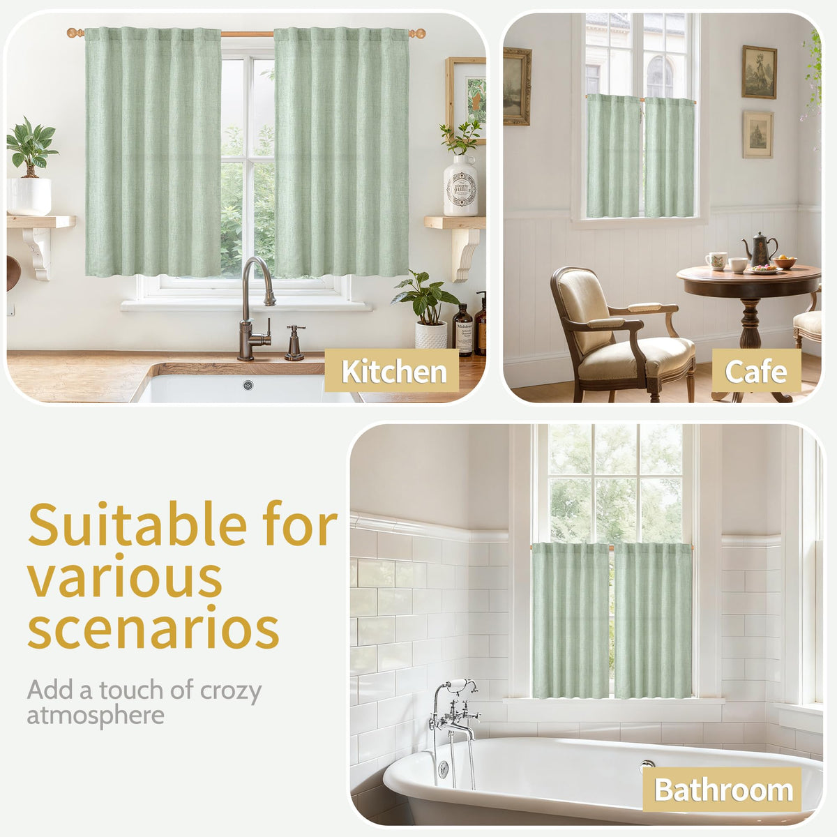 Sage Green Linen Kitchen Window Curtains 36 Inch Length 2 Panels (2 Count)