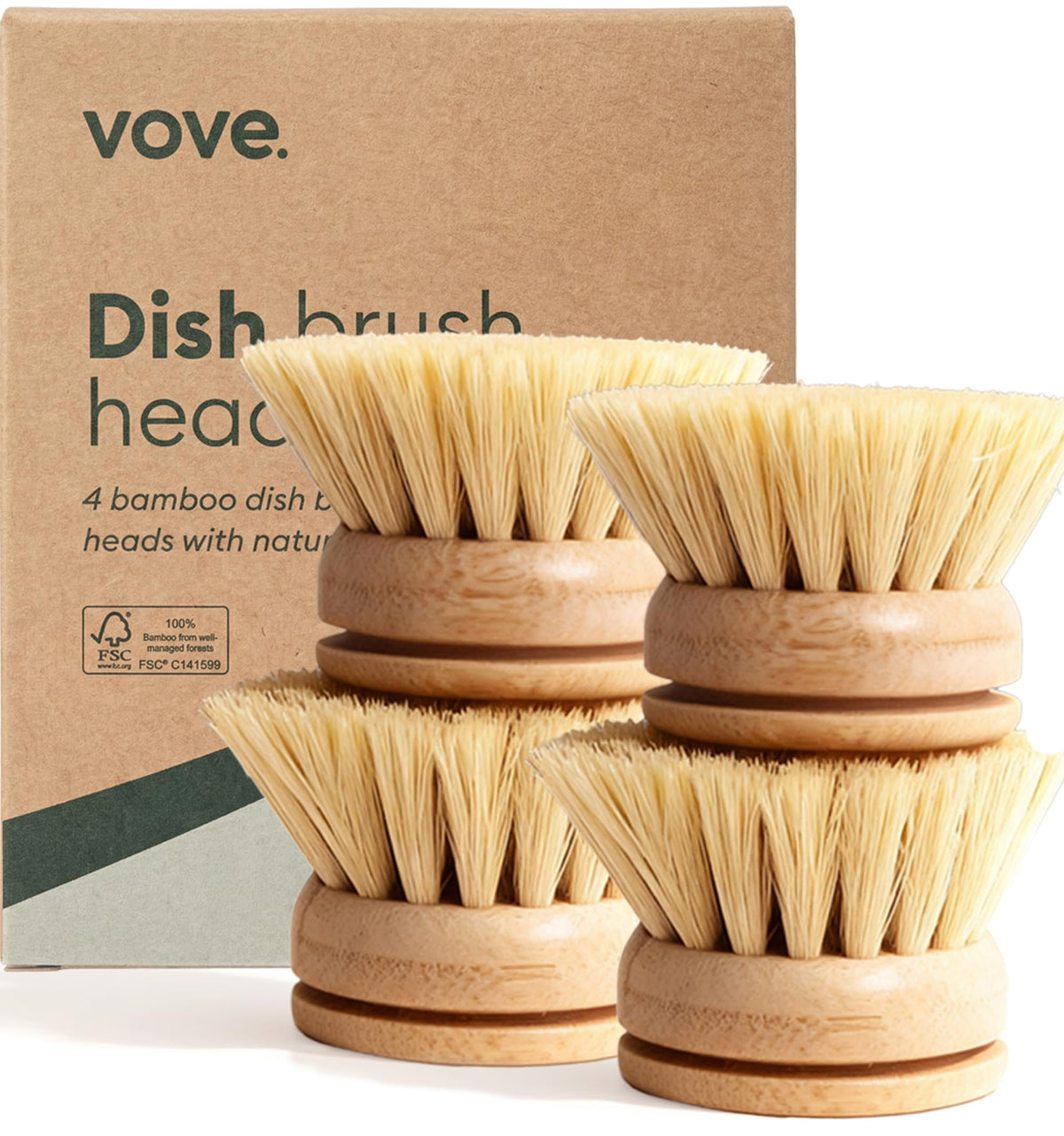 Bamboo Dish Brush Replacement Heads 4 (4 Count)
