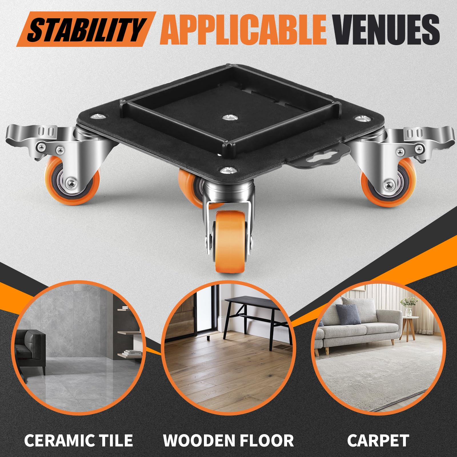 Furniture Dolly 5 Wheels Heavy Duty with Removable Side Guards 3900Lbs Capacity 360°Rotating Wheels Side Brake 5 Rollers Casters Cart Furniture Movers Lifter Tool for Sofas Beds Appliances Safe (4 Count)