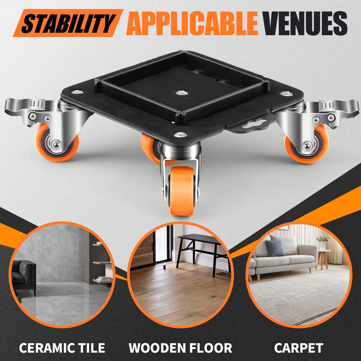 Furniture Dolly 5 Wheels Heavy Duty with Removable Side Guards 3900Lbs Capacity 360°Rotating Wheels Side Brake 5 Rollers Casters Cart Furniture Movers Lifter Tool for Sofas Beds Appliances Safe (4 Count)