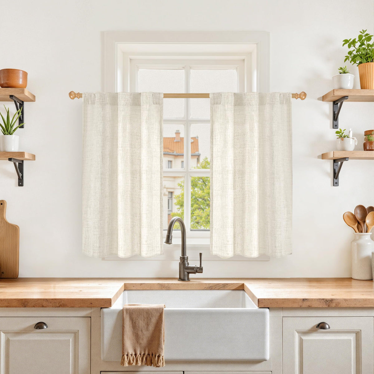 Small Linen Kitchen Curtains 36 Inch Length Window Over Sink (2 Count)