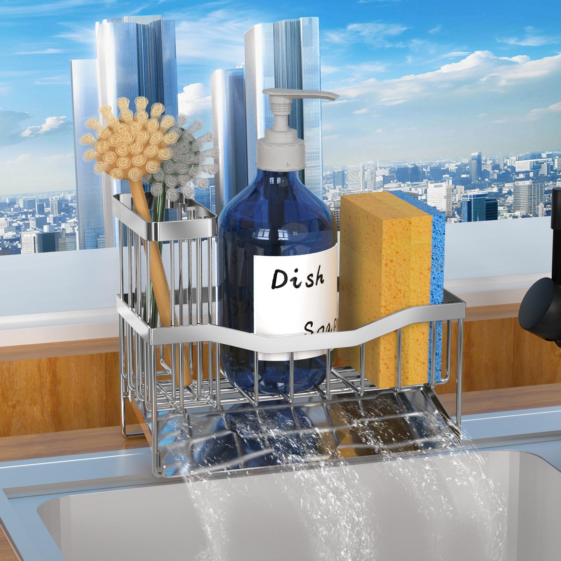 Maifan Sink Caddy Sponge Holder for Kitchen with Brush Holder and Stainless Steel Self Drain Tray