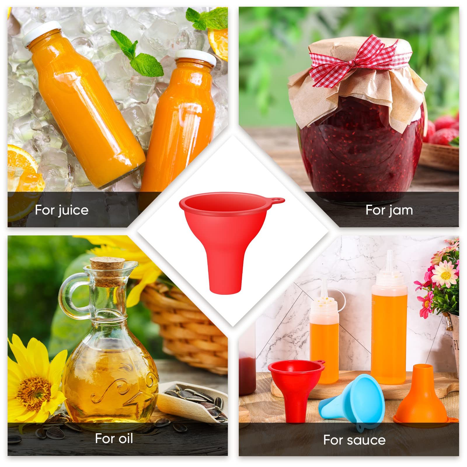 Silicone Funnels 4 Pieces 3.2 Inch Wide Mouth Funnel Flexible Condiment Sauce Canning Set for Home Restaurant Kitchen Squeeze Bottles Jars Cans Powder Liquid Spices
