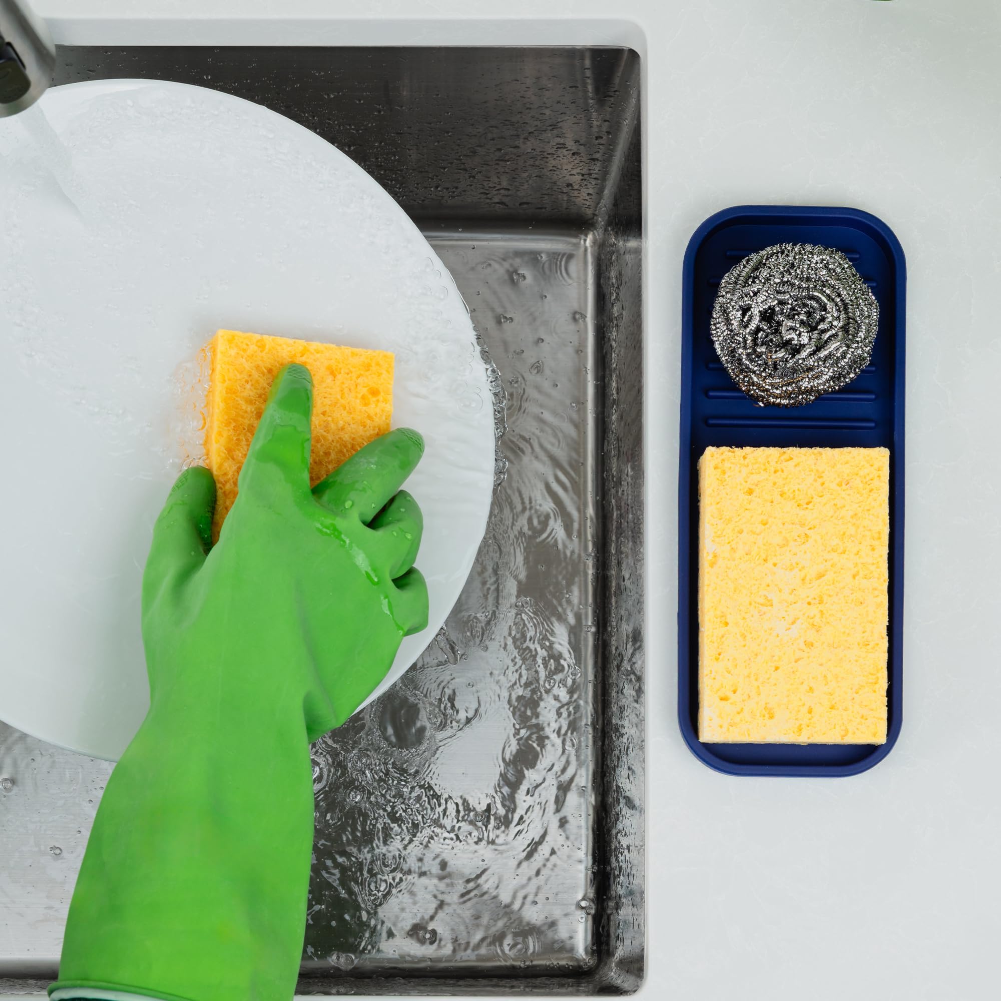 9x3.5) Silicone Sponge Holder for Kitchen Sink - Flexible Multipurpose Soap Tray - Sink Organizer for Kitchen, Bathroom, Makeup, Trinkets & More (Dark Blue)