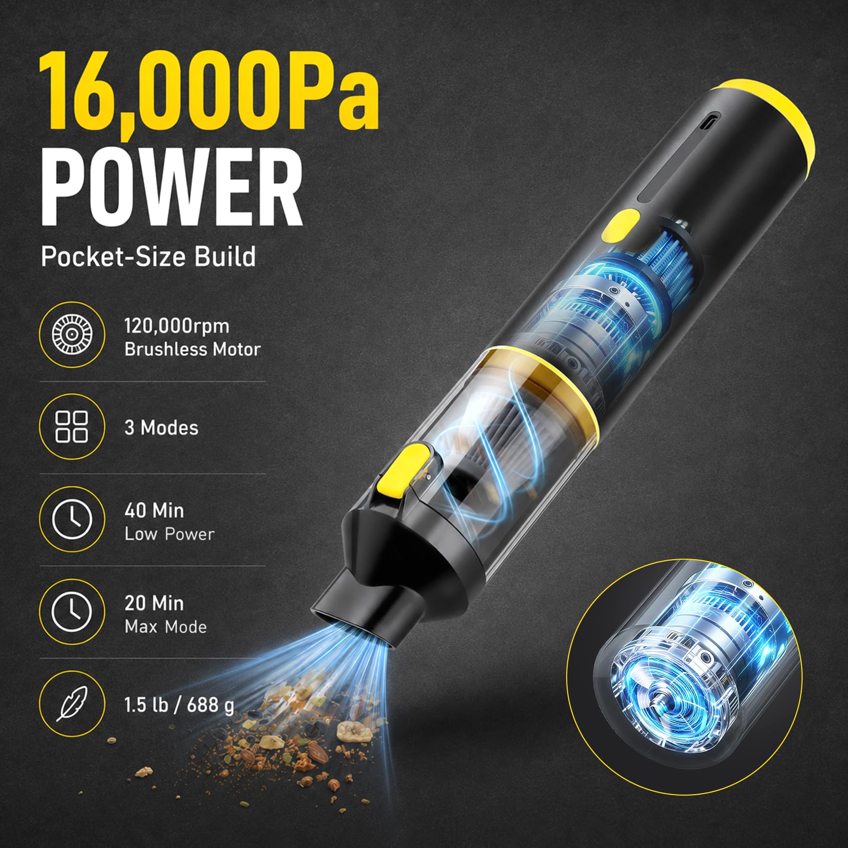 Handheld Car Vacuum Portable Cordless 3 Suction Modes