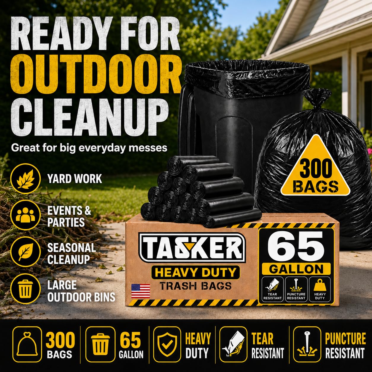 300 Bags, 64-65 Gallon Trash Bags Heavy Duty, Large Black Garbage Bags, Wide Mouth Trash Can Liners for 60, 64, 65 and 70 Gallon Cans to Fit Toter Cart Liners for Outdoor Lawn Yard Cleanup (300 Count)