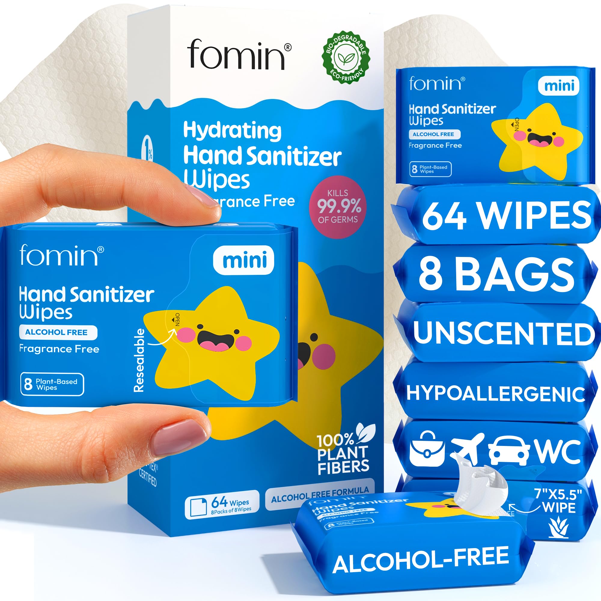Mini Hand Sanitizer Wipes Travel Size 8 Pack (64 Count)