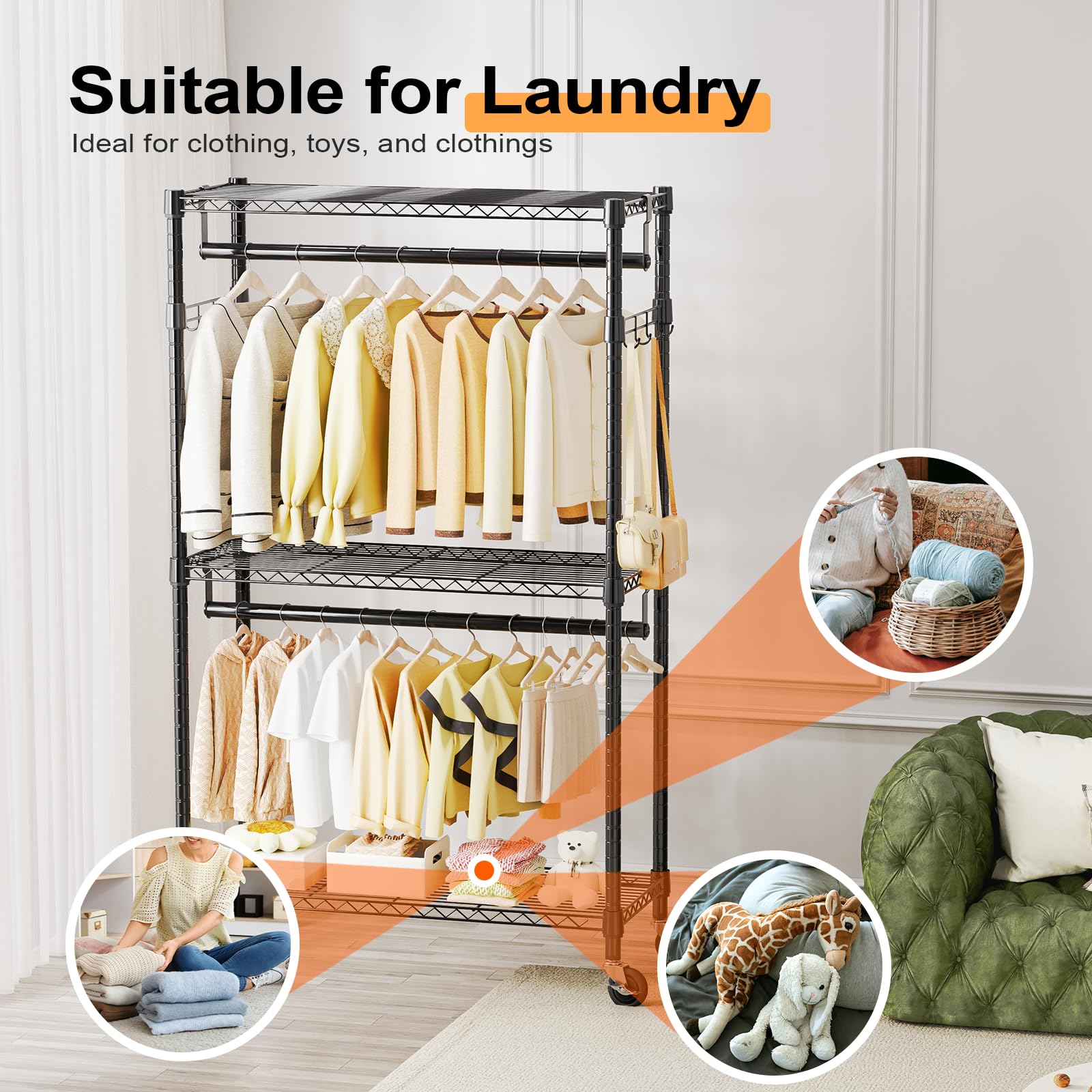 Heavy Duty Rolling Garment Rack 3 Tiers Adjustable Wire Shelving Clothes Rack with 2 Rods and Side Hooks