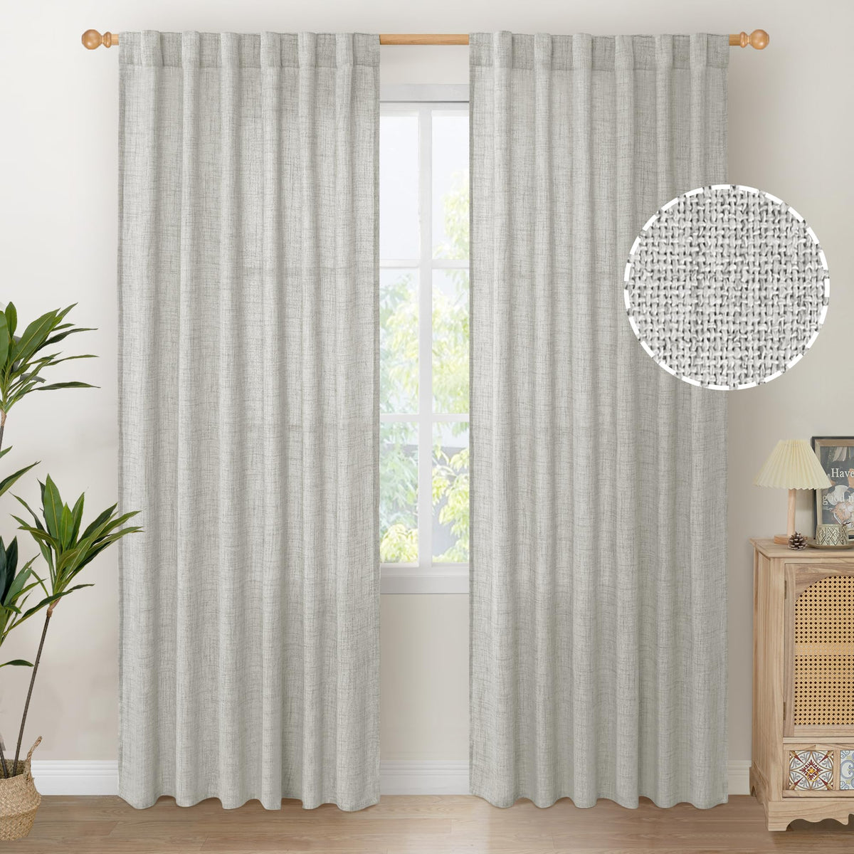 Light Grey Linen Semi Sheer Curtains 80 Inch Length for Living Room (2 Count)
