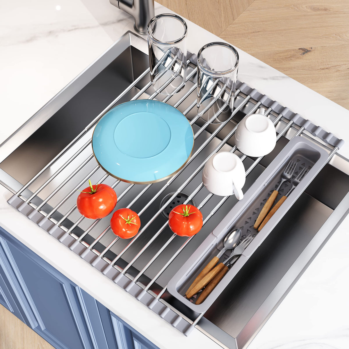 Roll Up Dish Drying Rack for Kitchen Sink with Utensil Holder