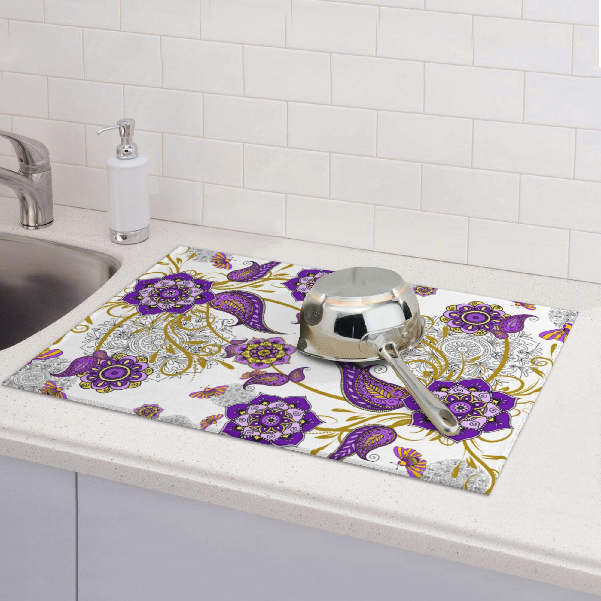 Purple Flower Kitchen Drying Mat Boho Floral Dish Drainer Mat