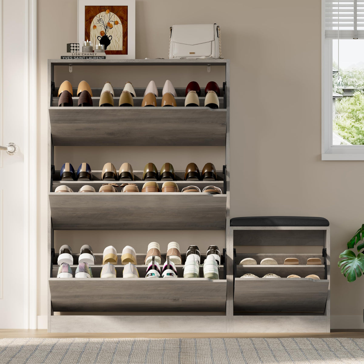 Shoe Cabinet with Bench and 3 Flip Drawers