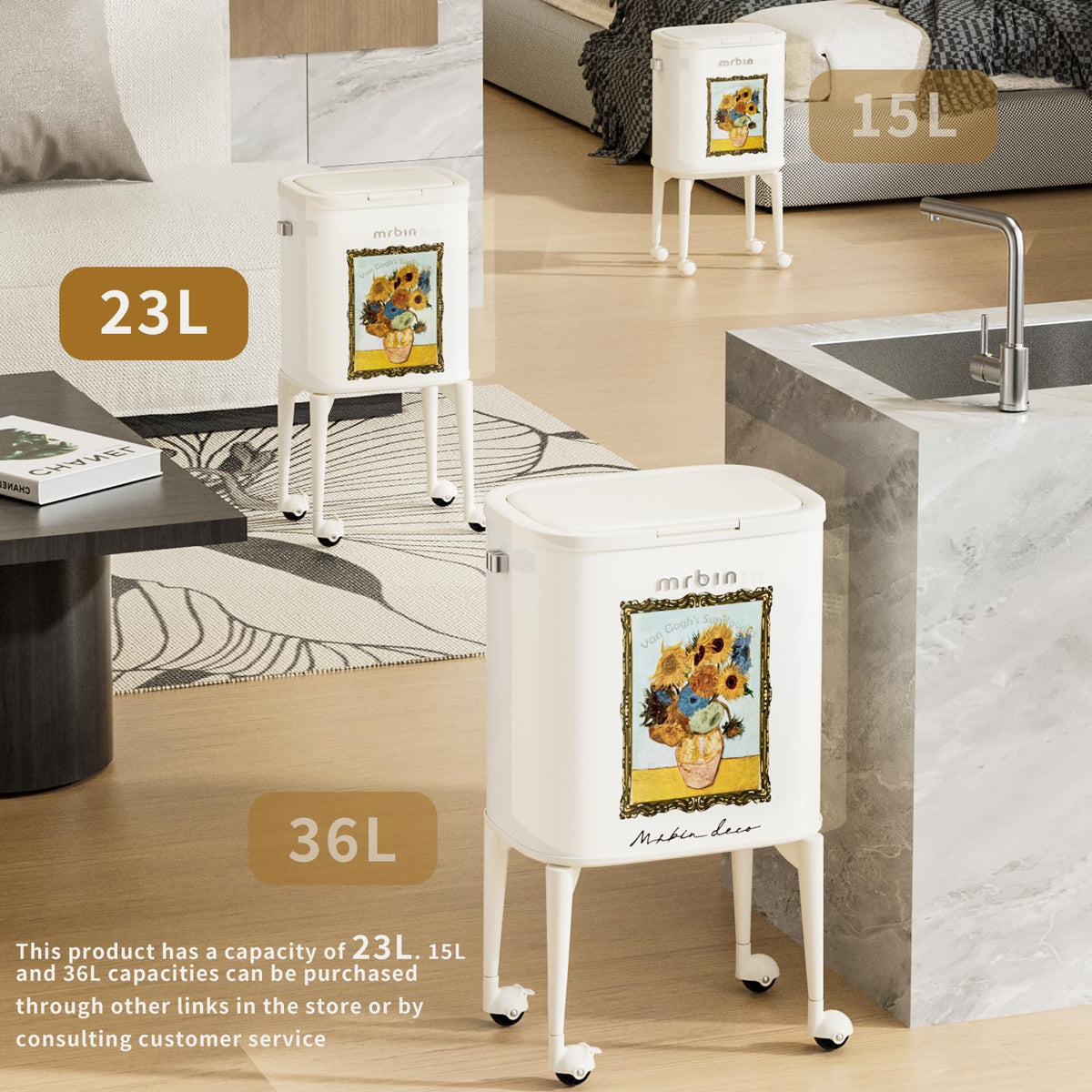 23L Art Decor Trash Can with Wheels
