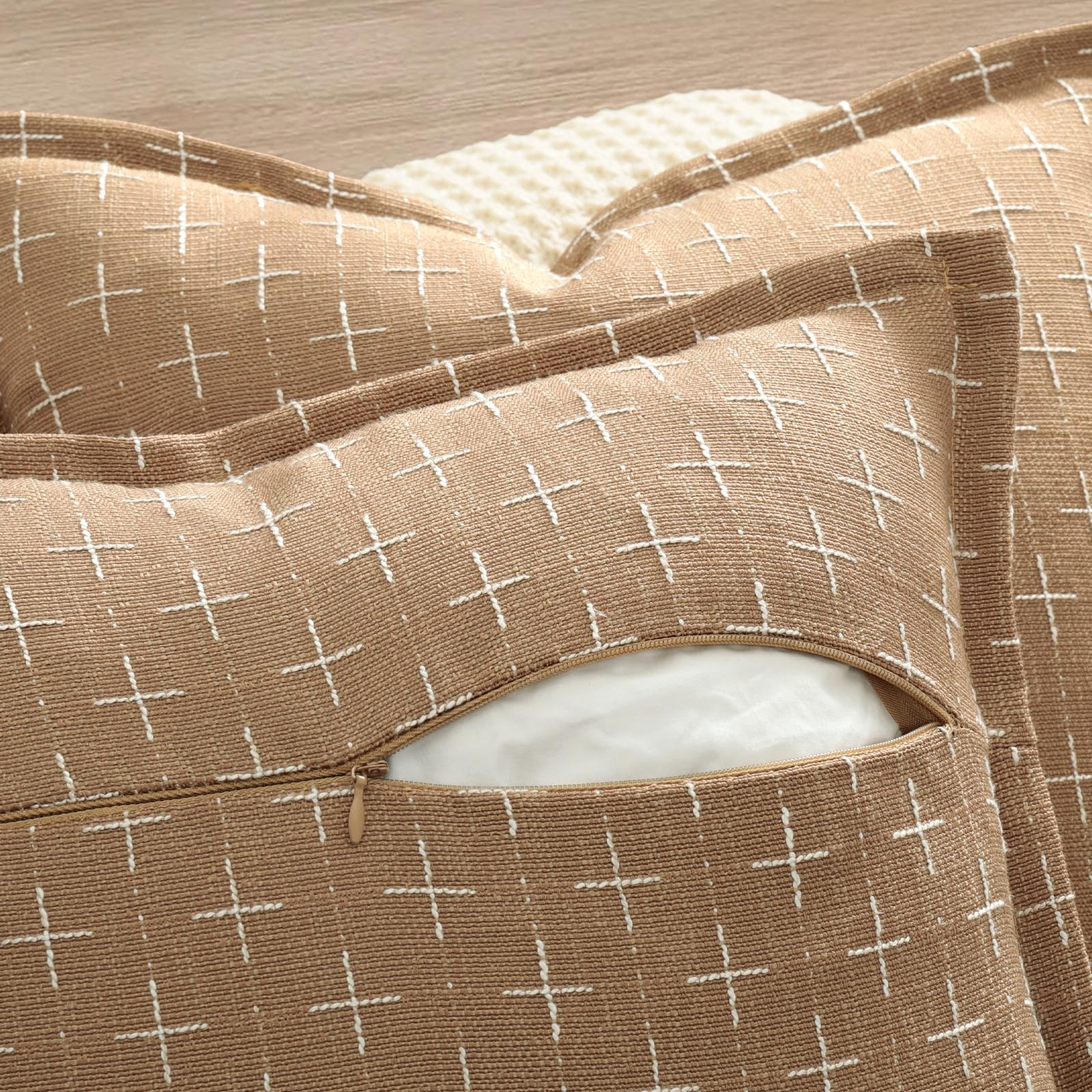 Throw Pillow Covers 16x16 Set of 2 Soft Polyester Textured Pillow Covers with Stylish Flange Edge Cozy Farmhouse Throw Pillows for Couch Bed Sofa Living Room Camel (2 Count)