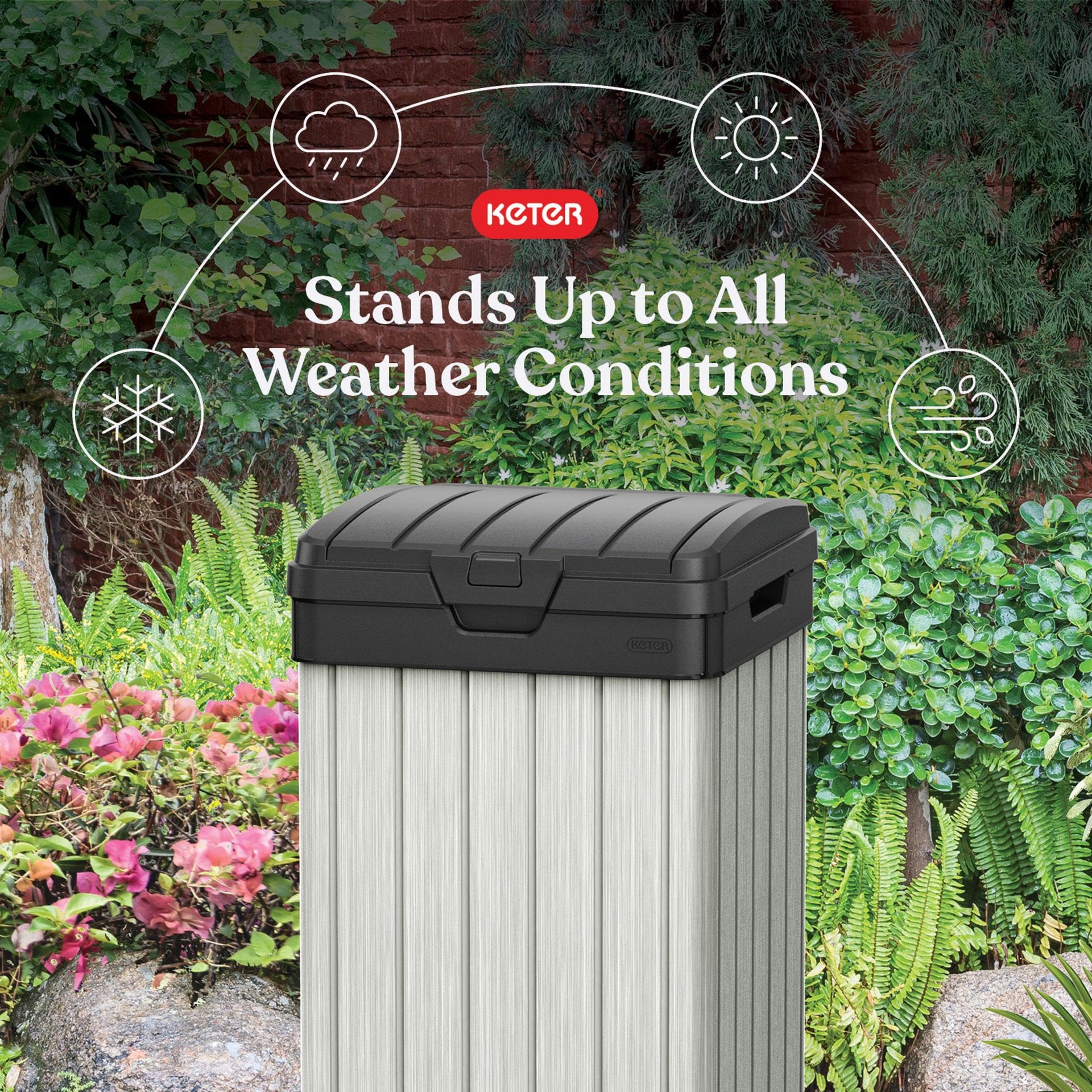 Rockford Resin 38 Gallon Outdoor Kitchen Trash Can with Lid and Drip Tray for Easy Cleaning