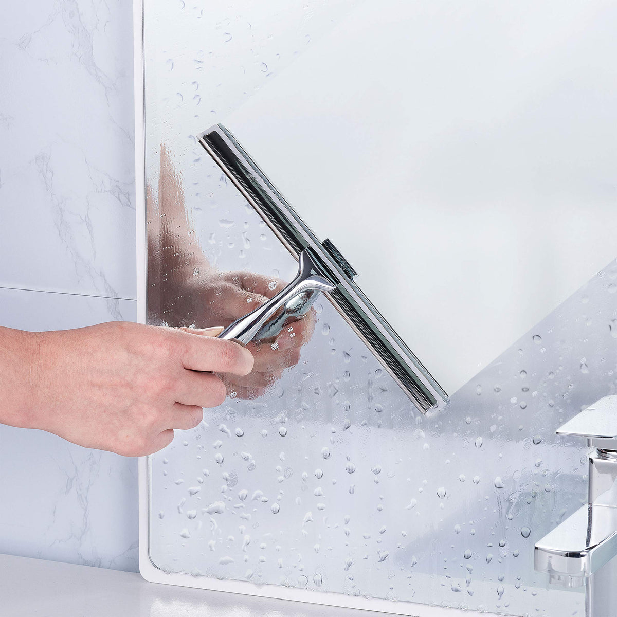 Shower Squeegee Clear Glass Wall Cleaner Stainless Steel with Suction Storage Hook