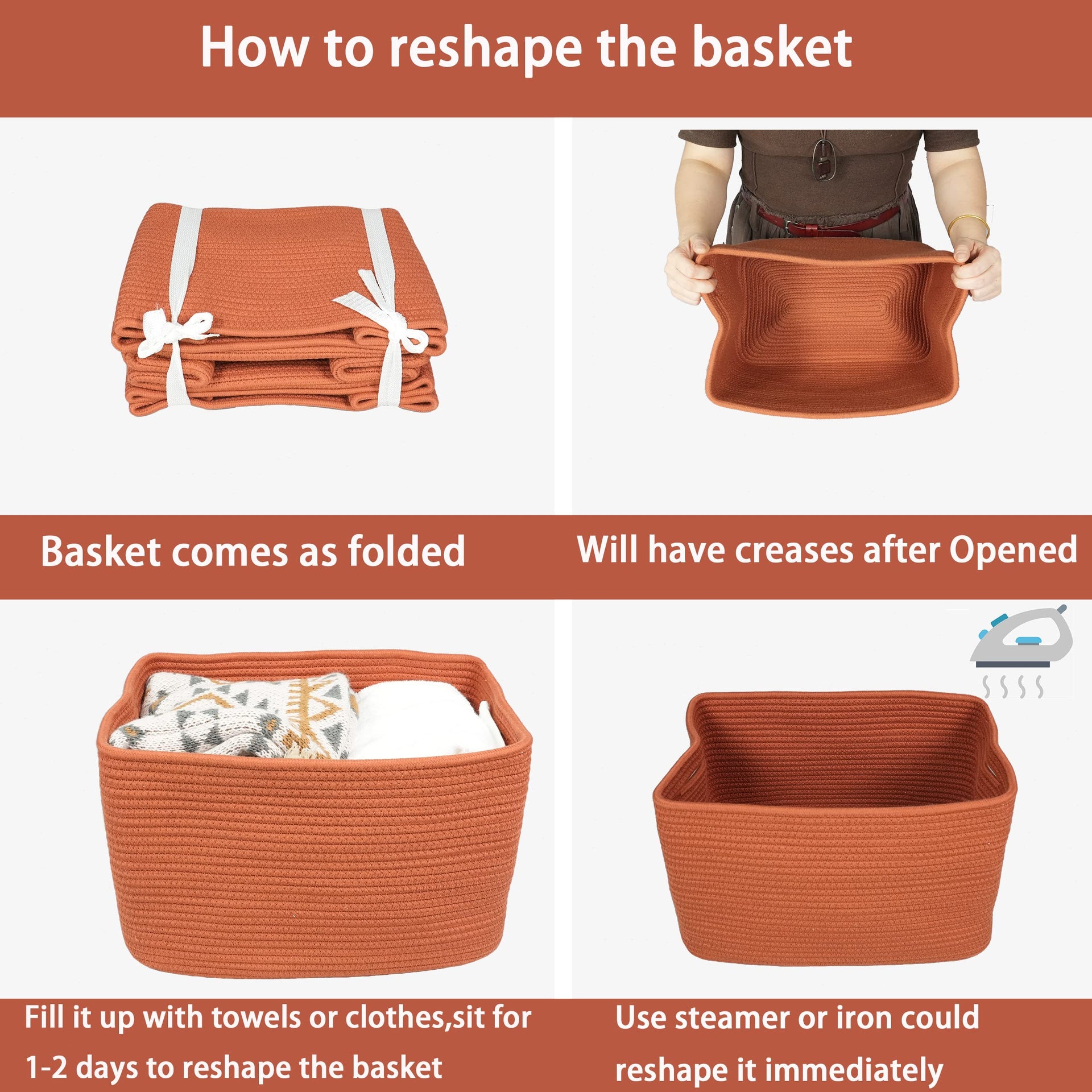 Woven Cotton Rope Storage Baskets 15x10x9.3" 3 Pack Rust