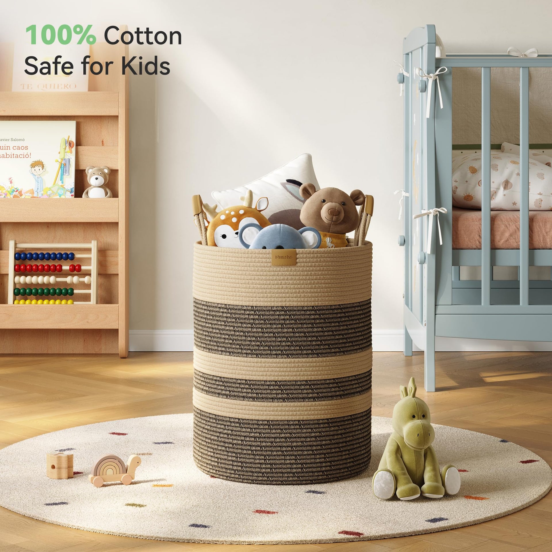 62L Striped Laundry Hamper with Leather Handles