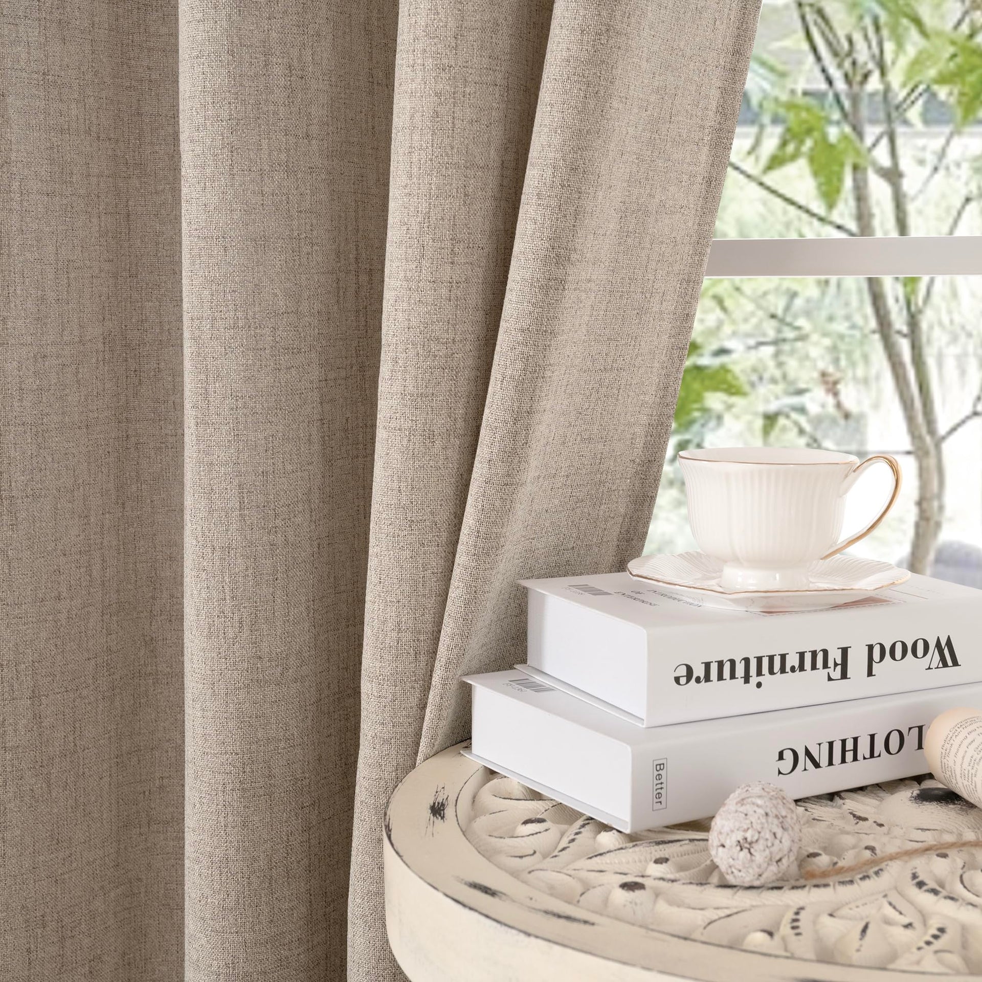 Dark Oatmeal Linen Curtains 102 Inch Length for Living Room (2 Count)