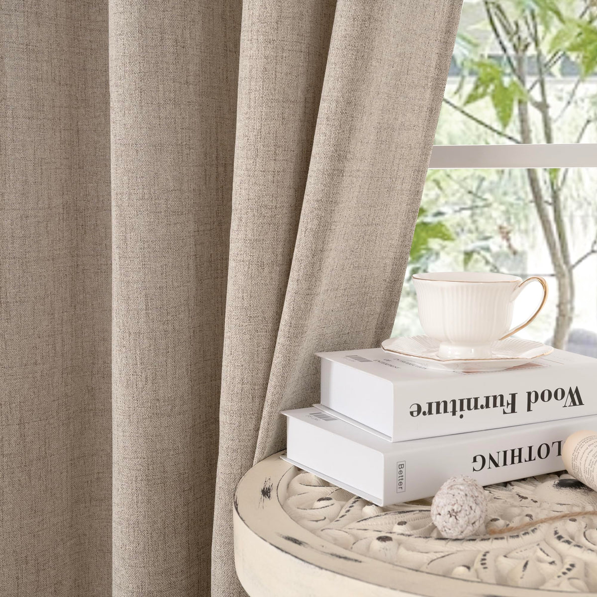 Dark Oatmeal Linen Semi Sheer Curtains 48 Inch Length 2 Panels (2 Count)
