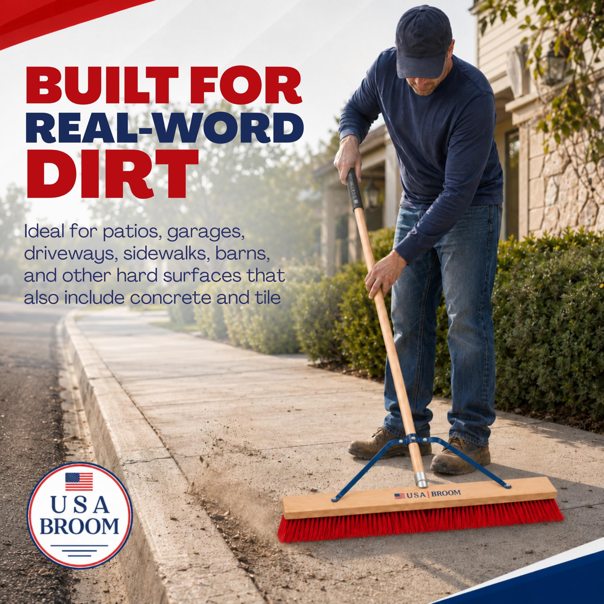 4-Pack - 36" Everyday Sweep Indoor/Outdoor Push Broom with 60" Handle. Ideal for Garages & Shops. Durable American Made Steel Brackets-All Stainless Steel Hardware. No Plastic. 100% USA Made