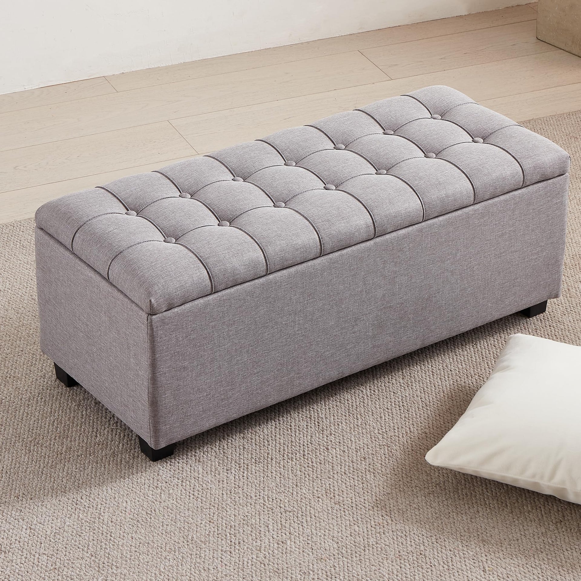 Large Soft Gray Fabric 38 Inch Storage Bench with Hinged Lid and Foot Rest