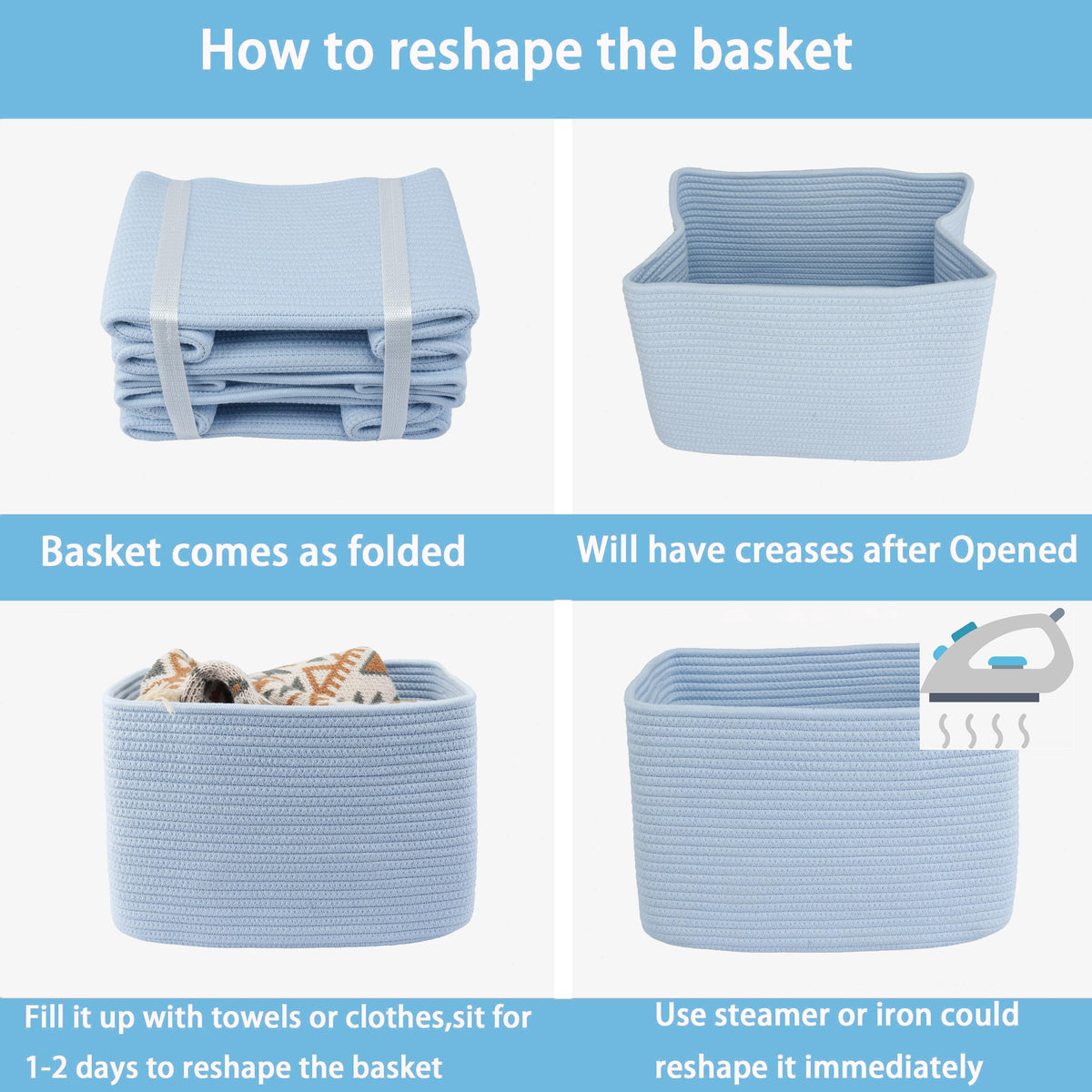 Woven Cotton Rope Storage Baskets 15x10x9.3" 3 Pack Light Blue