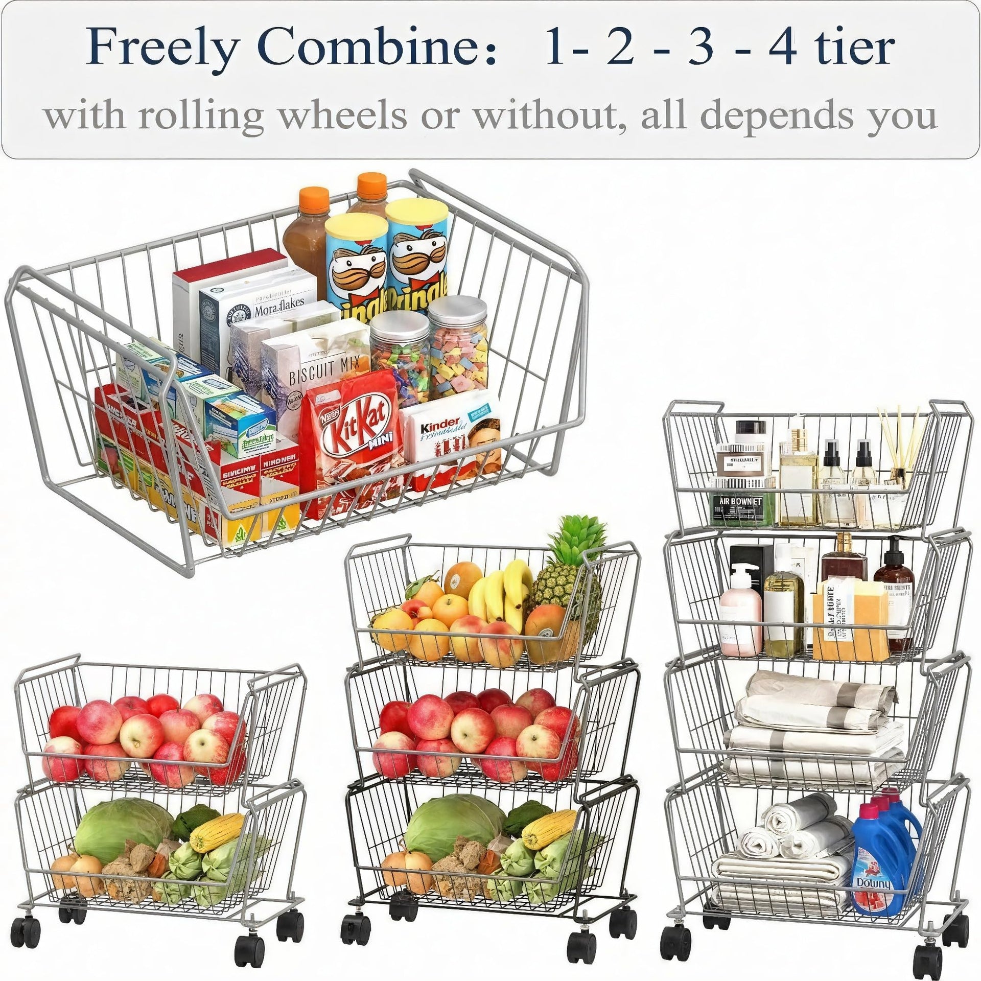 4 Tier Spacious Stackable Wire Storage Baskets with Wheels