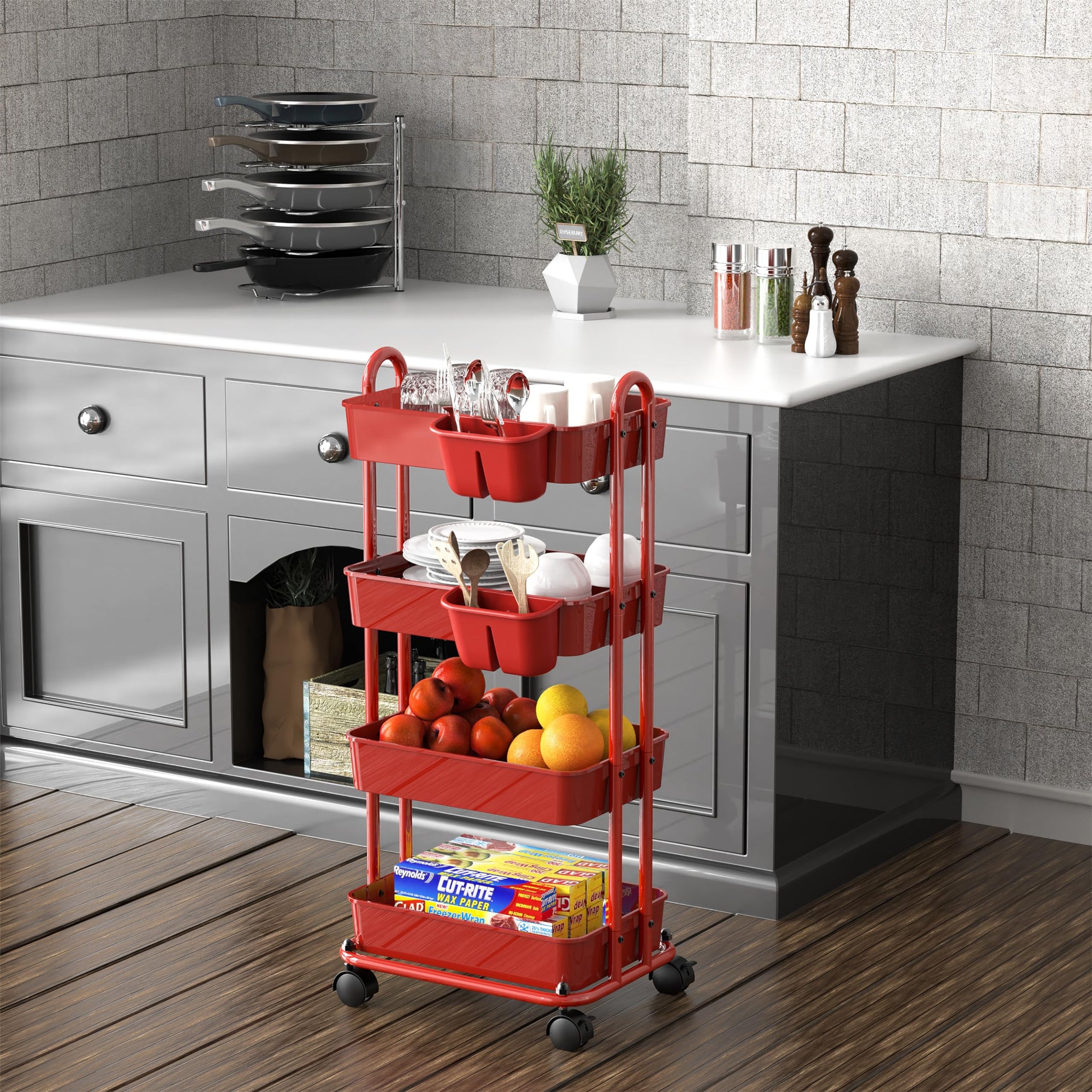 4 Tier Rolling Utility Cart with Hanging Bucket