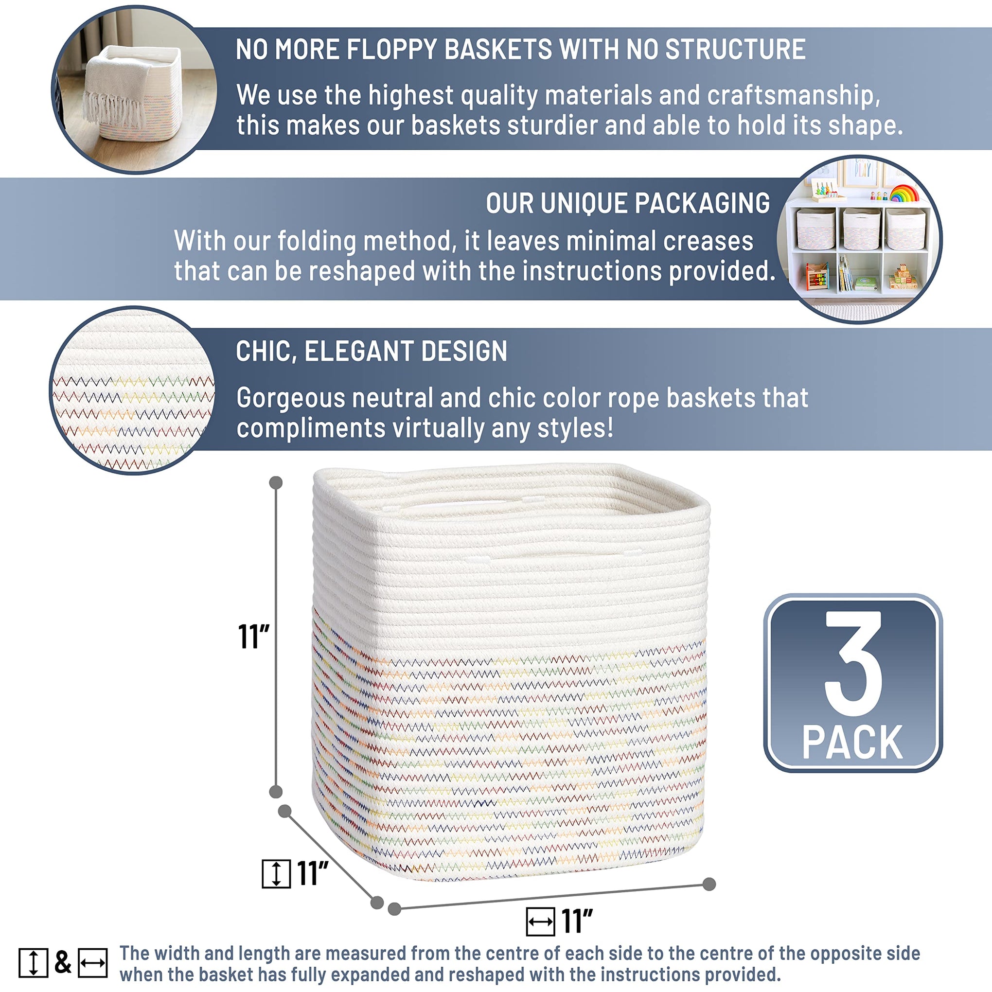 Storage Cubes 11 Inch Cotton Rope Woven Baskets for Organizing (3 Count)