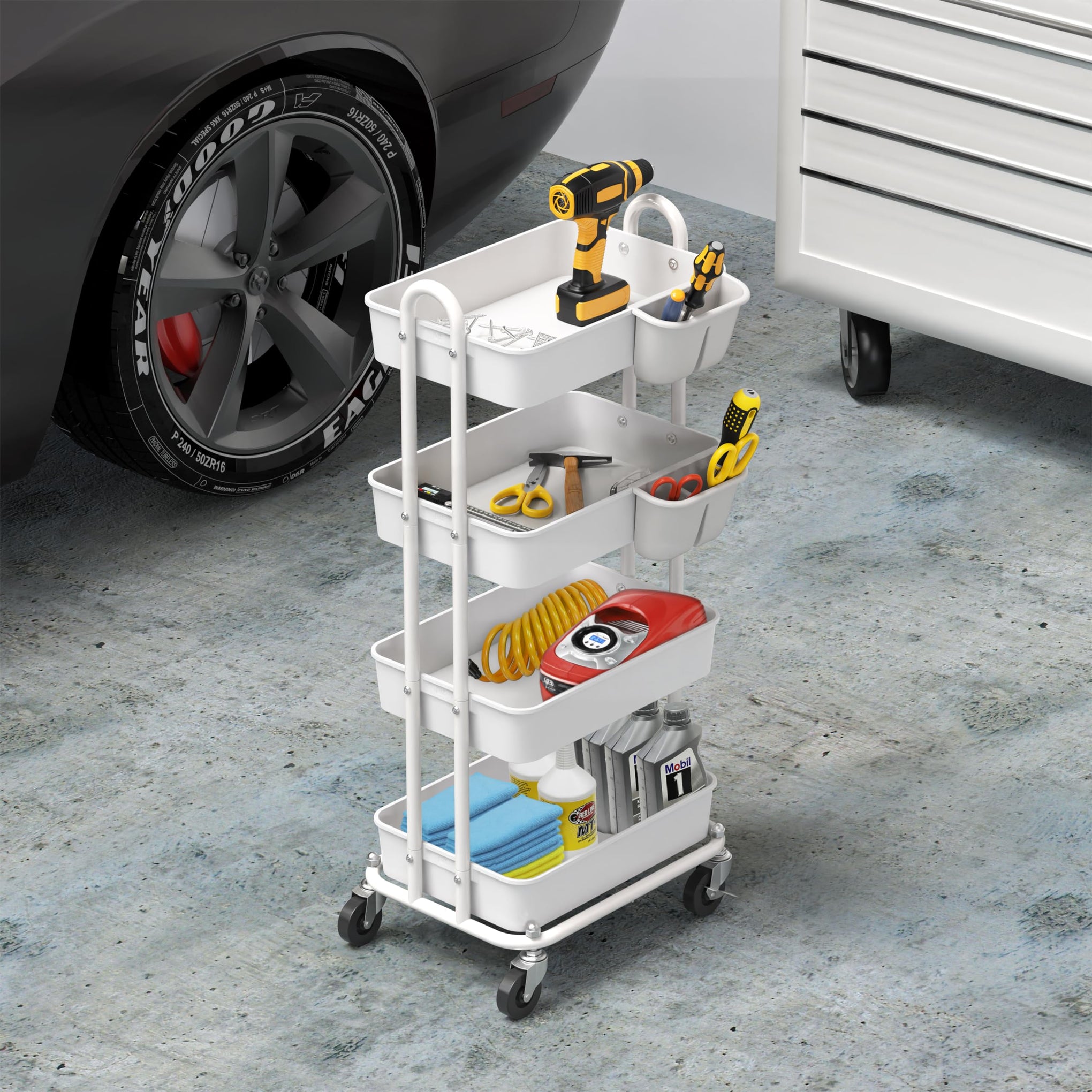 4 Tier Rolling Utility Cart with Hanging Bucket