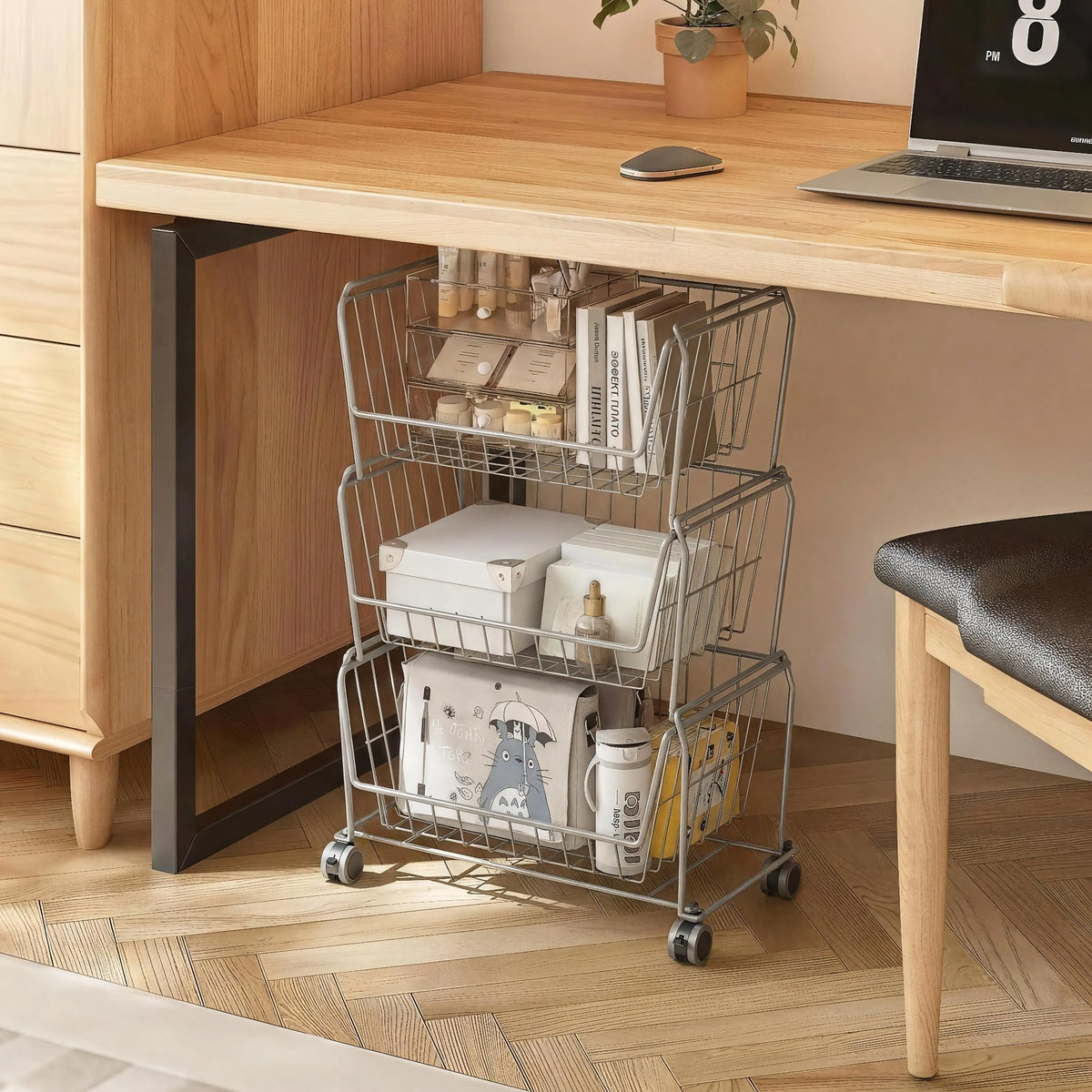 4 Tier Spacious Stackable Wire Storage Baskets with Wheels