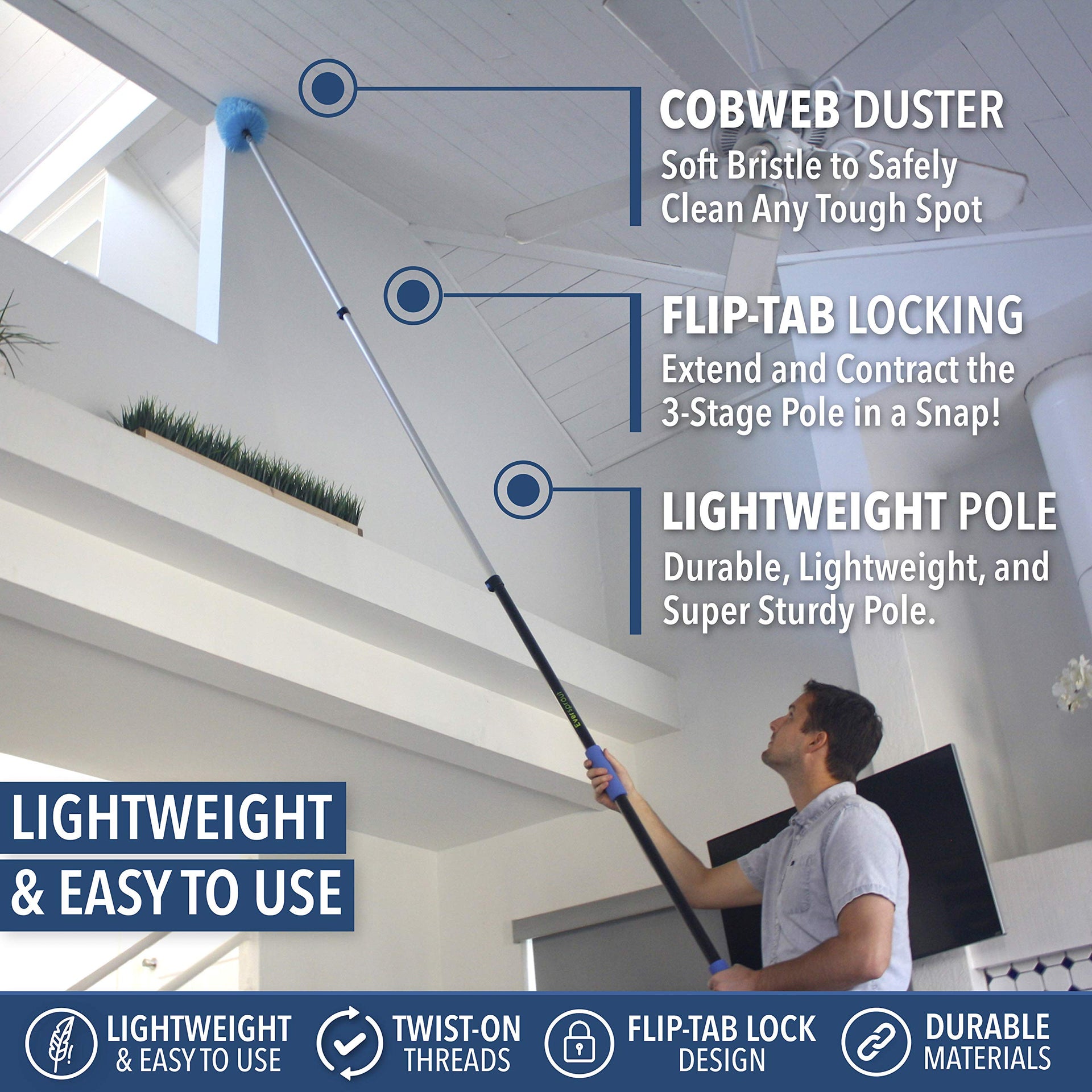 5-to-12 Foot Cobweb Duster & Pole Combo, Soft Bristles