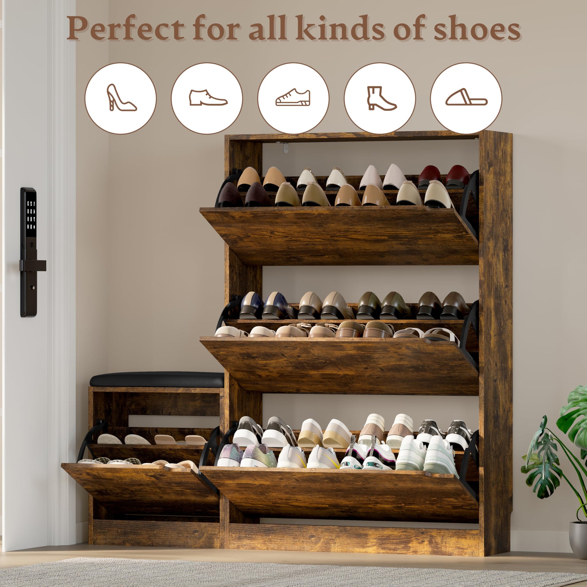 Shoe Cabinet with Bench and 3 Flip Drawers