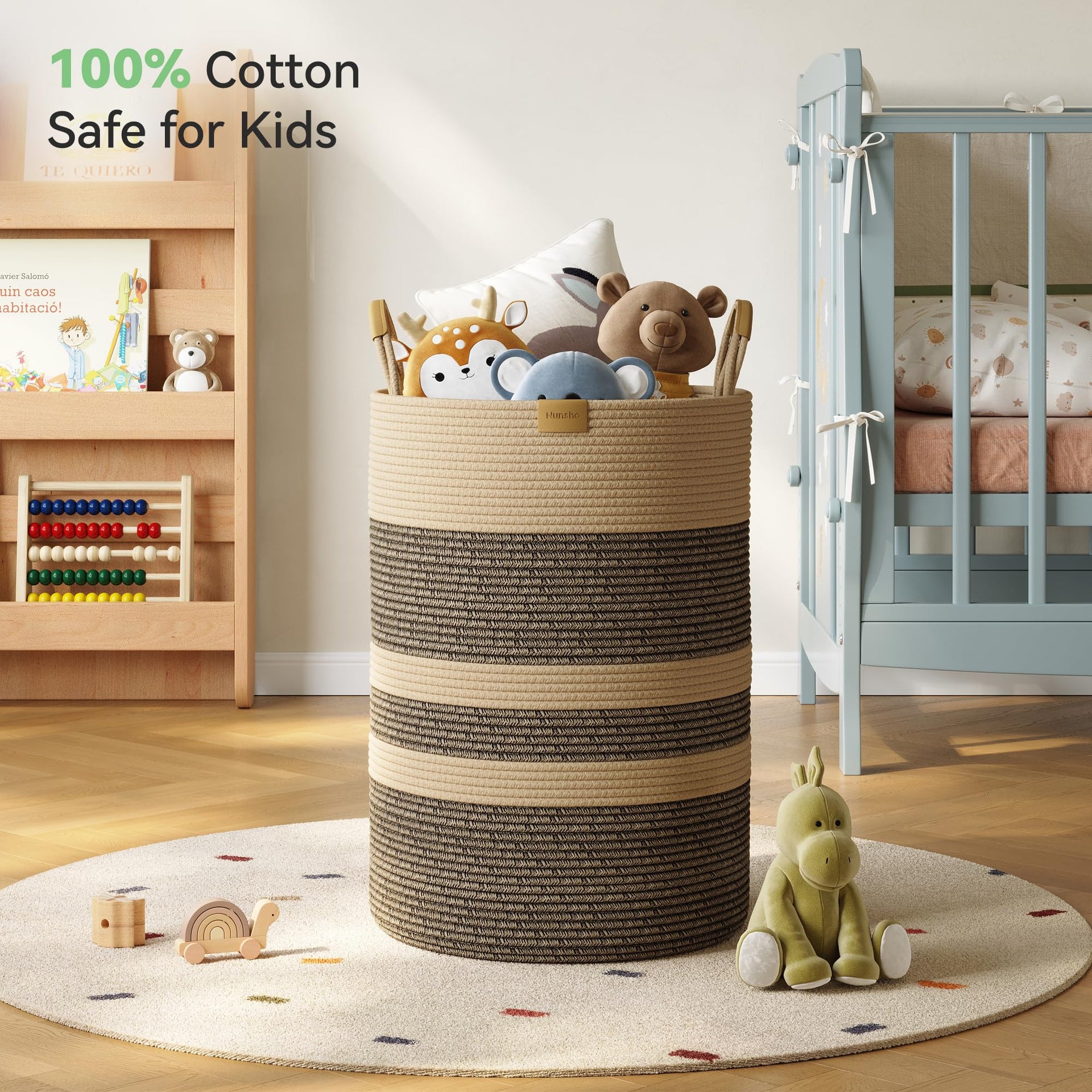 95L Striped Laundry Hamper with Leather Handles