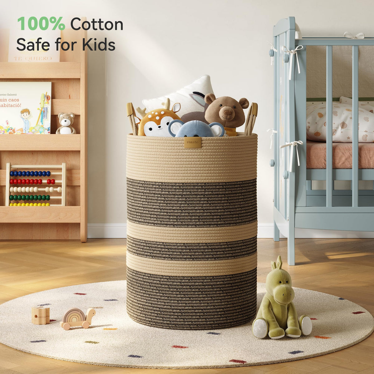 95L Striped Laundry Hamper with Leather Handles