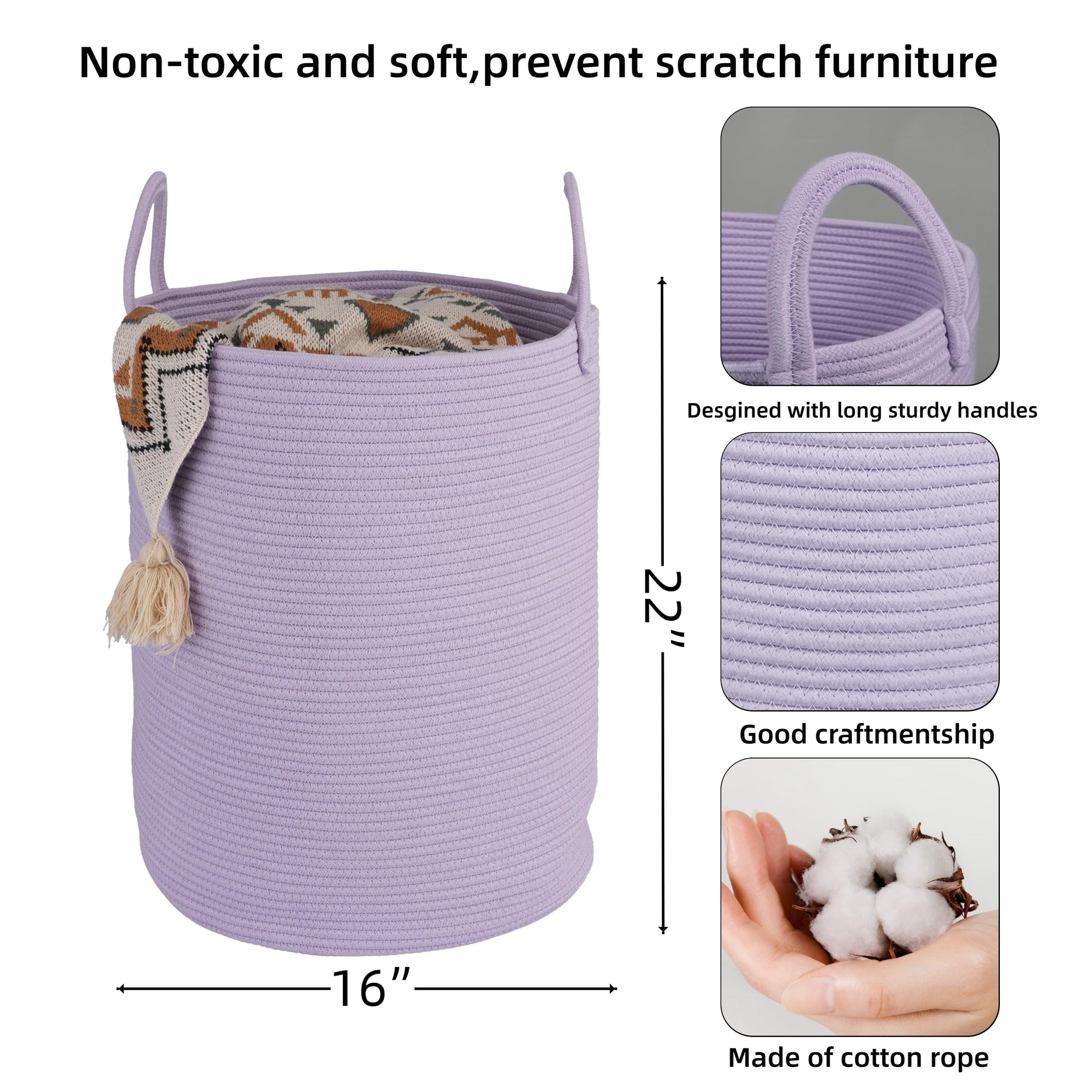 Rope Laundry Basket Hamper for Clothes Large Purple Lavender