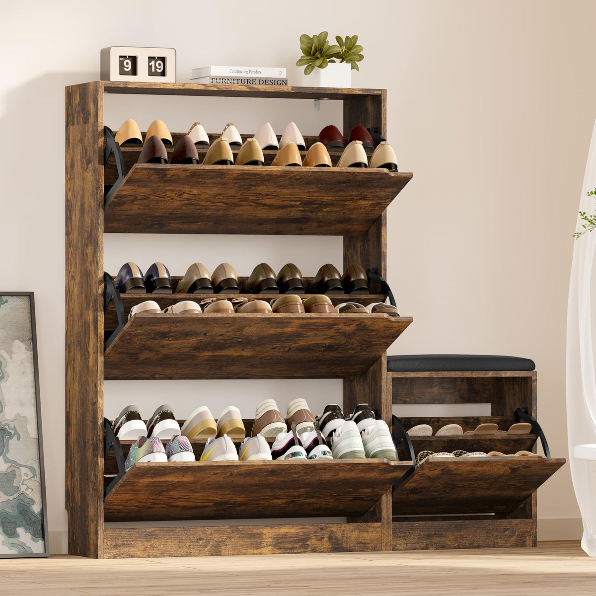 Shoe Cabinet with Bench and 3 Flip Drawers